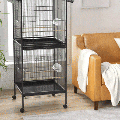 PawHut Jaula para Pájaros Grande de 2 Pisos Convertible en Sola Jaula con Ruedas Comederos 4 Perchas 78x75x168 cm Negro