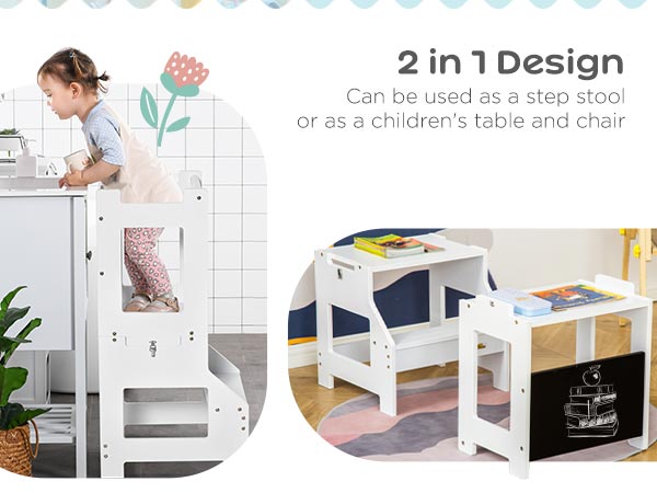 Qaba 2-in-1 Kids Kitchen Step Stool, Folding Toddler Table and