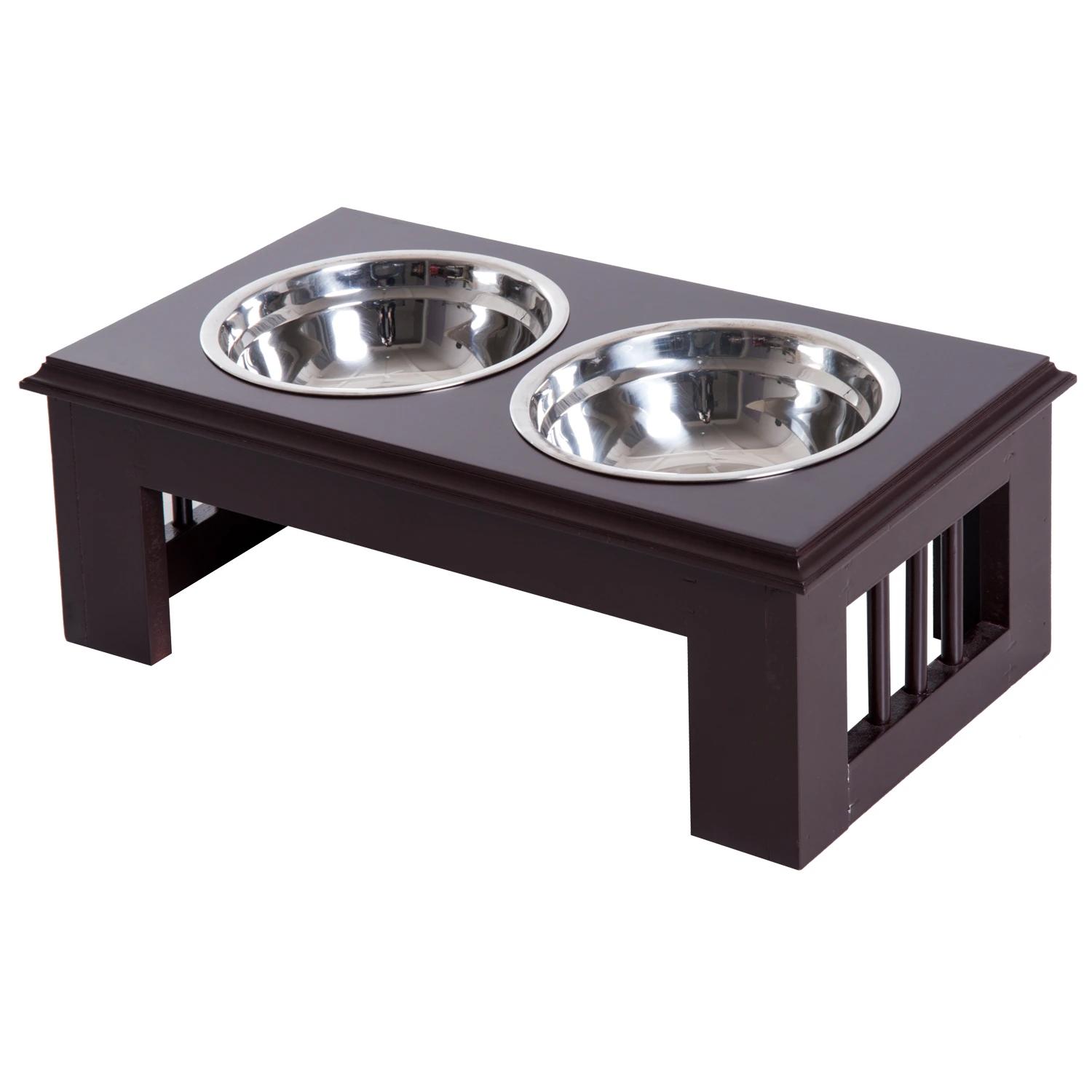 PawHut verhoogde voerbak, dubbele honden- en kattenbak, duurzaam MDF en roestvrij staal, antislip, 2 bakken, 60 x 30 x 15 cm, zwart | Aosom.nl