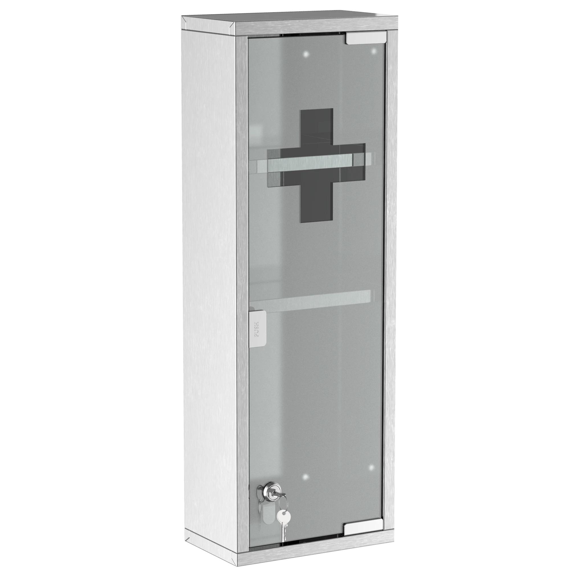 Kleankin Medicijnkast Veilige EHBO Kast Met Slot Glazen Deur 3 Vakken Matglas Roestvrij Staal 43x30x15 cm Modern | Aosom.nl