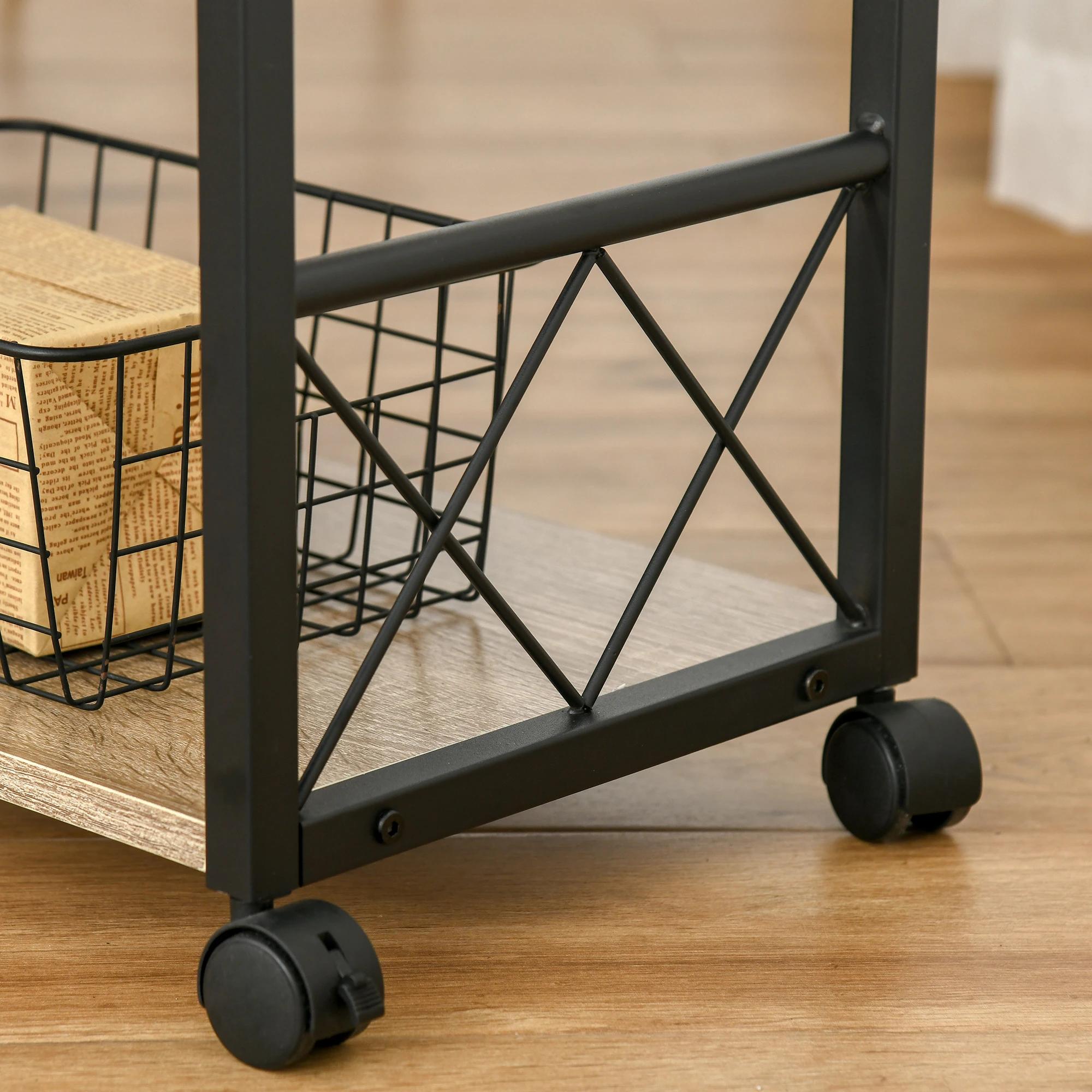 HOMCOM bijzettafel, salontafel met wielen, nachtkastje voor eetkamer woonkamer, in hoogte verstelbaar, 2 onderste planken, E1-spaanplaat, metaal, zwart, 80x40x72 cm