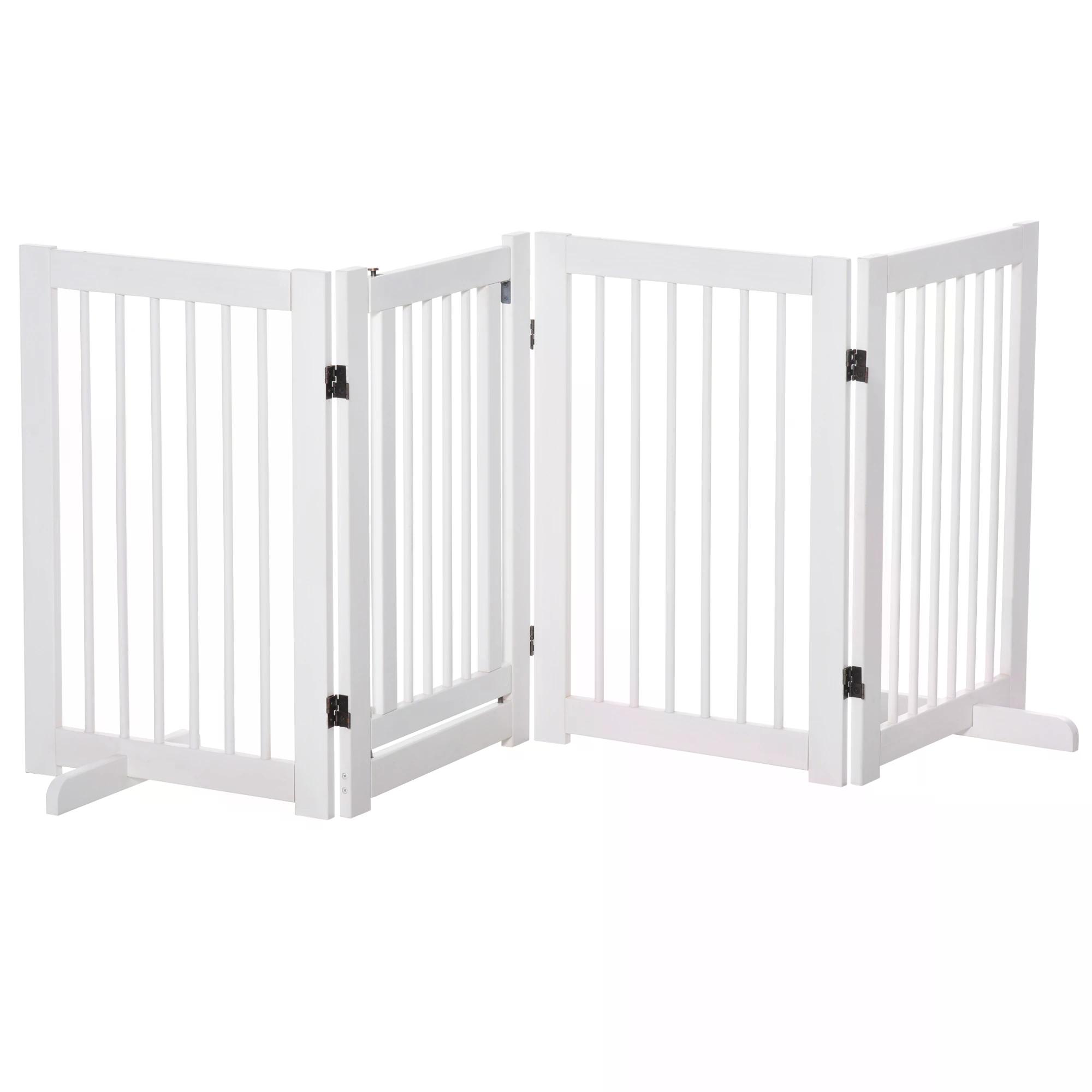 PawHut Freestanding Pet Gate 4 Panel Wooden Dog Barrier Folding Safety Fence with Support Feet