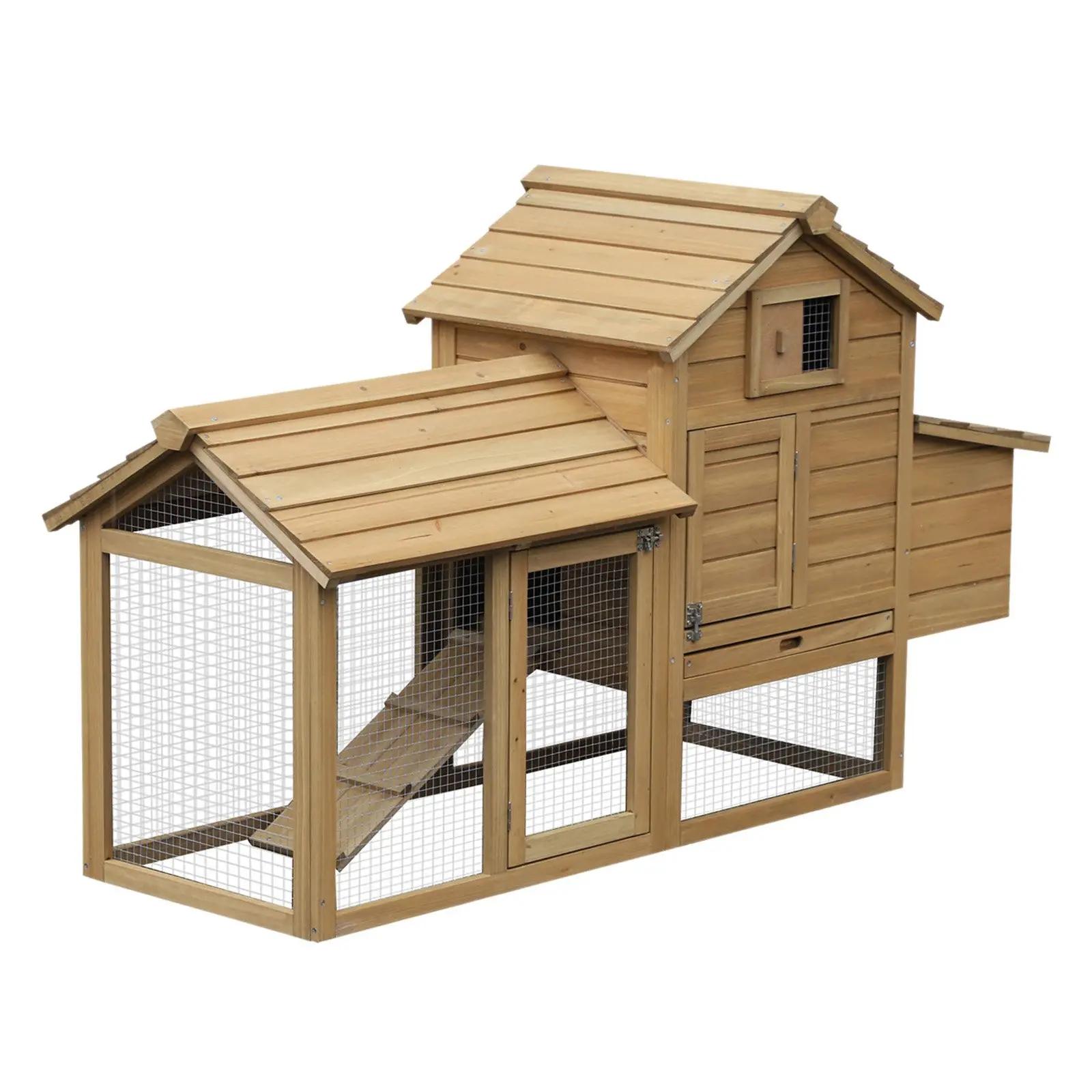PawHut Galinheiro de Madeira de Abeto para Exterior Gaiola para 2-3 Galinhas com Cercado de Arame Teto Abatível Caixa Ninho Bandeja Removível e Rampa 150,5x54x87 cm Natural