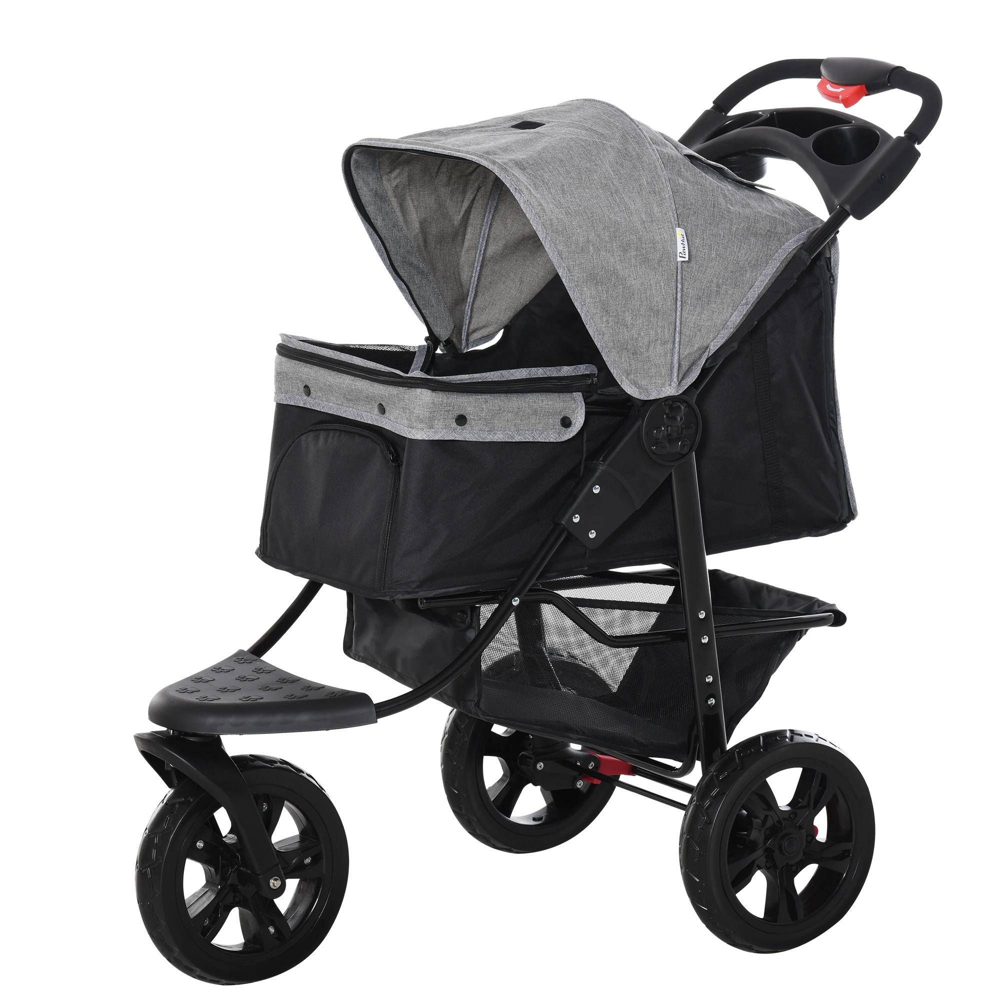 PawHut Carrinho de animais de estimação dobrável com rodas Correias de segurança e cesto de armazenamento 109,5x57,5x106,5 cm Cinza e preto