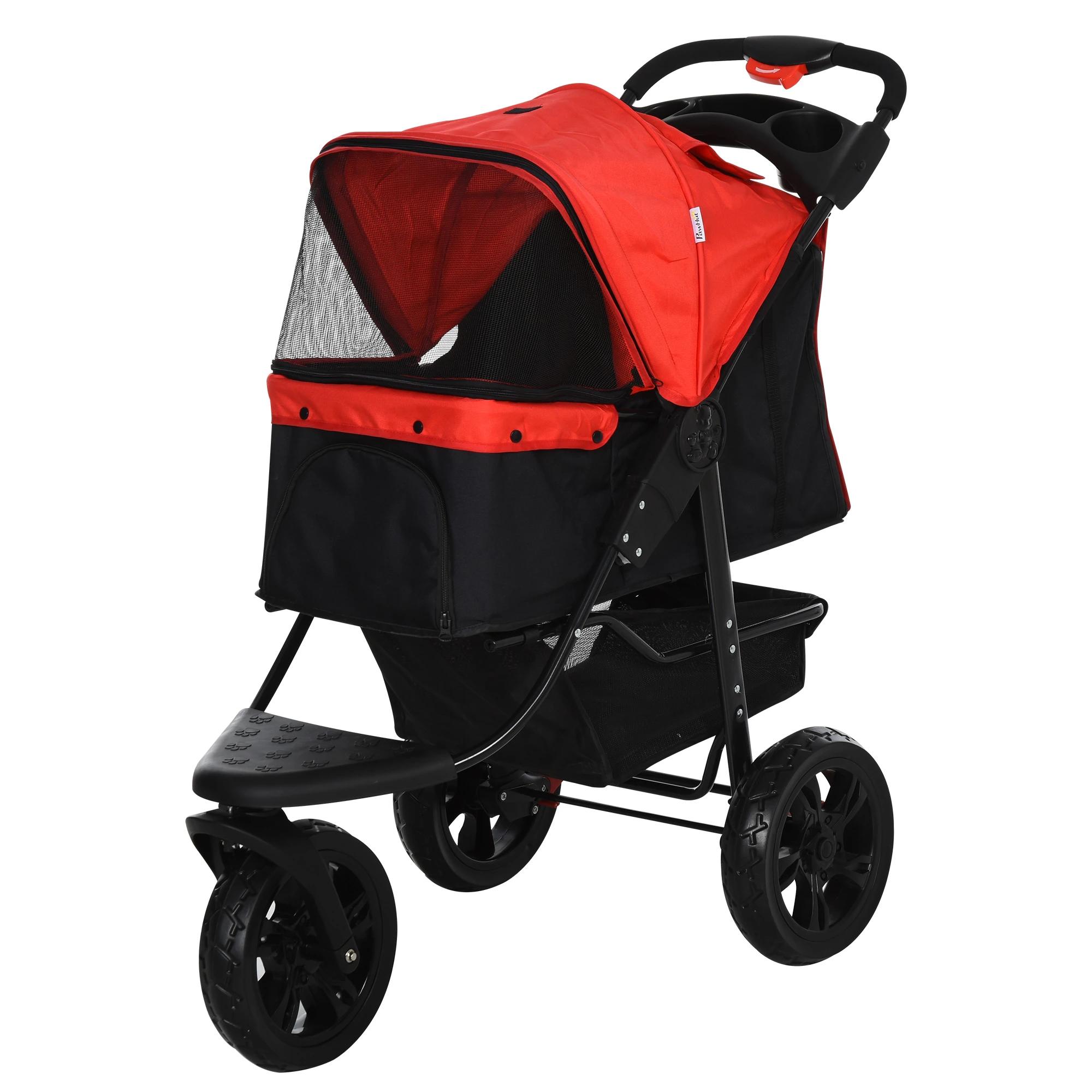PawHut Carrinho dobrável para animais de estimação com 3 rodas Correias de segurança e cesto de armazenamento 109,5x54,5x106,5 cm Vermelho e preto
