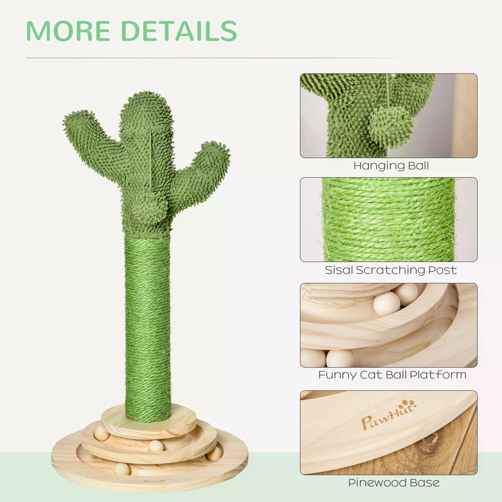 PawHut Cactus-Shaped Cat Tree Tower, Green, with Sisal Scratching Post, Hanging Ball, Funny Cat Ball Platform, 32 x 32 x 60cm