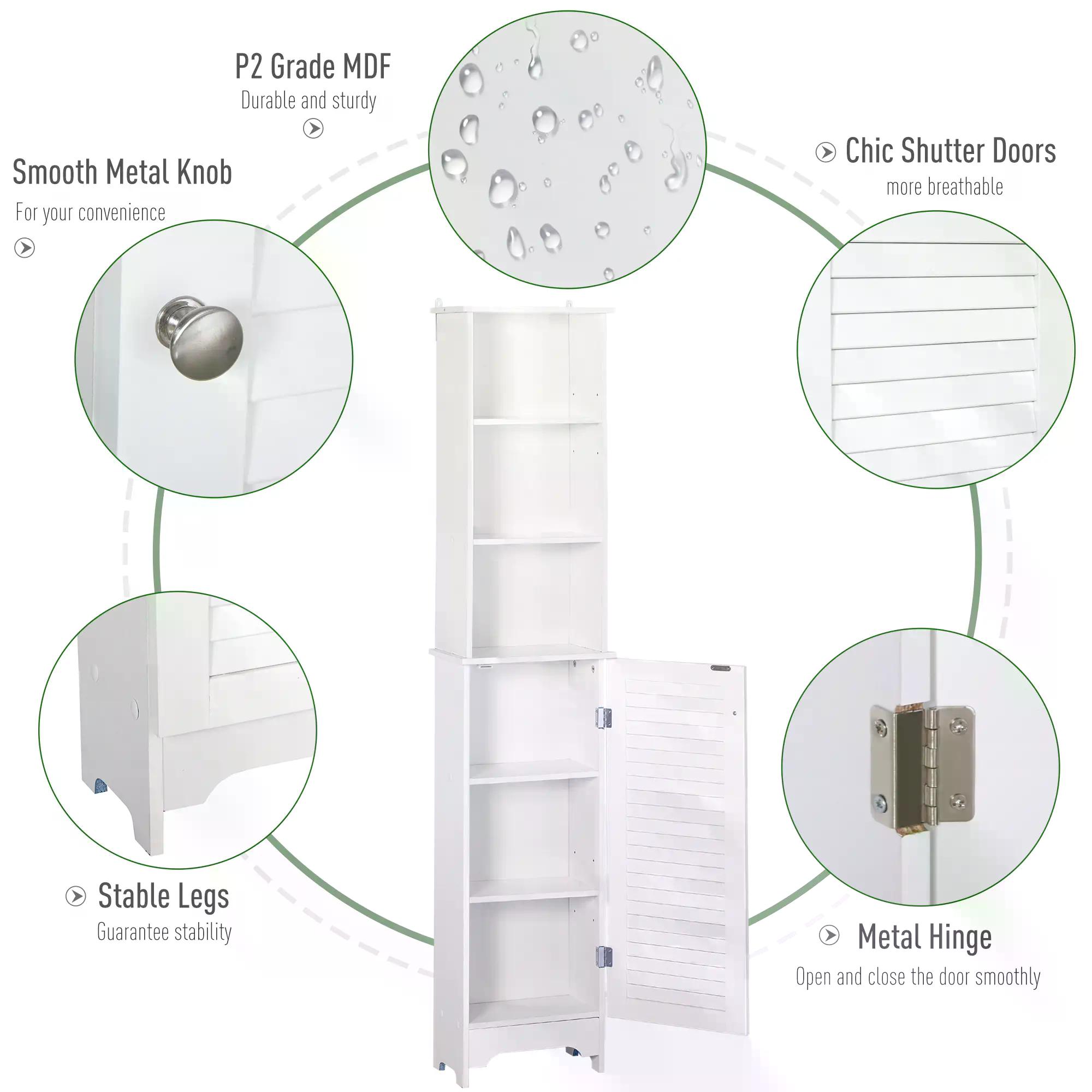 HOMCOM Freestanding Tallboy Bathroom Storage Cabinet w/ 6 Shelves Cupboard Tower Organisation Home Bathroom Furniture White