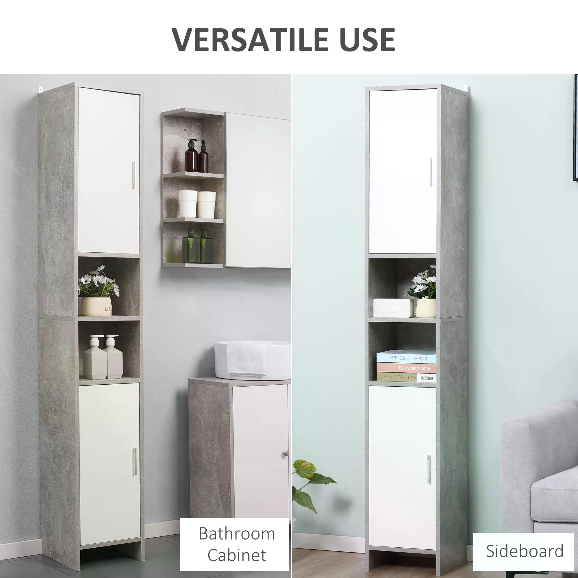 Kleankin Tall Free-Standing Bathroom Storage Cabinet, Slim Organizer with 2 Cupboards, 2 Open Compartments, Adjustable Shelves, Grey.