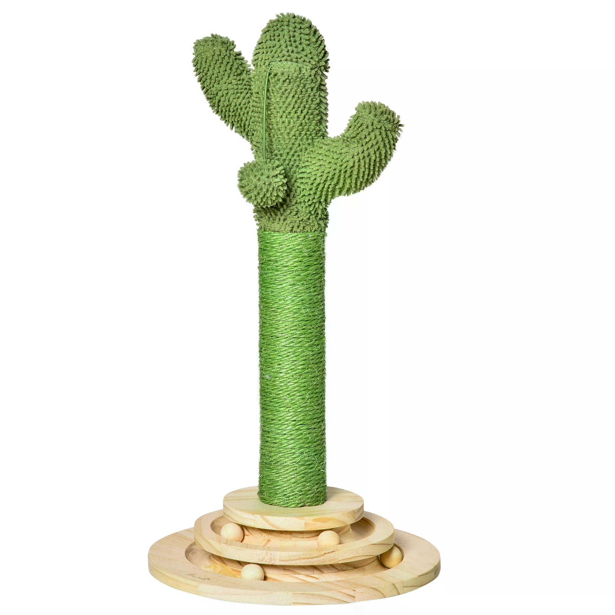 PawHut Cactus-Shaped Cat Tree Tower, Green, with Sisal Scratching Post, Hanging Ball, Funny Cat Ball Platform, 32 x 32 x 60cm