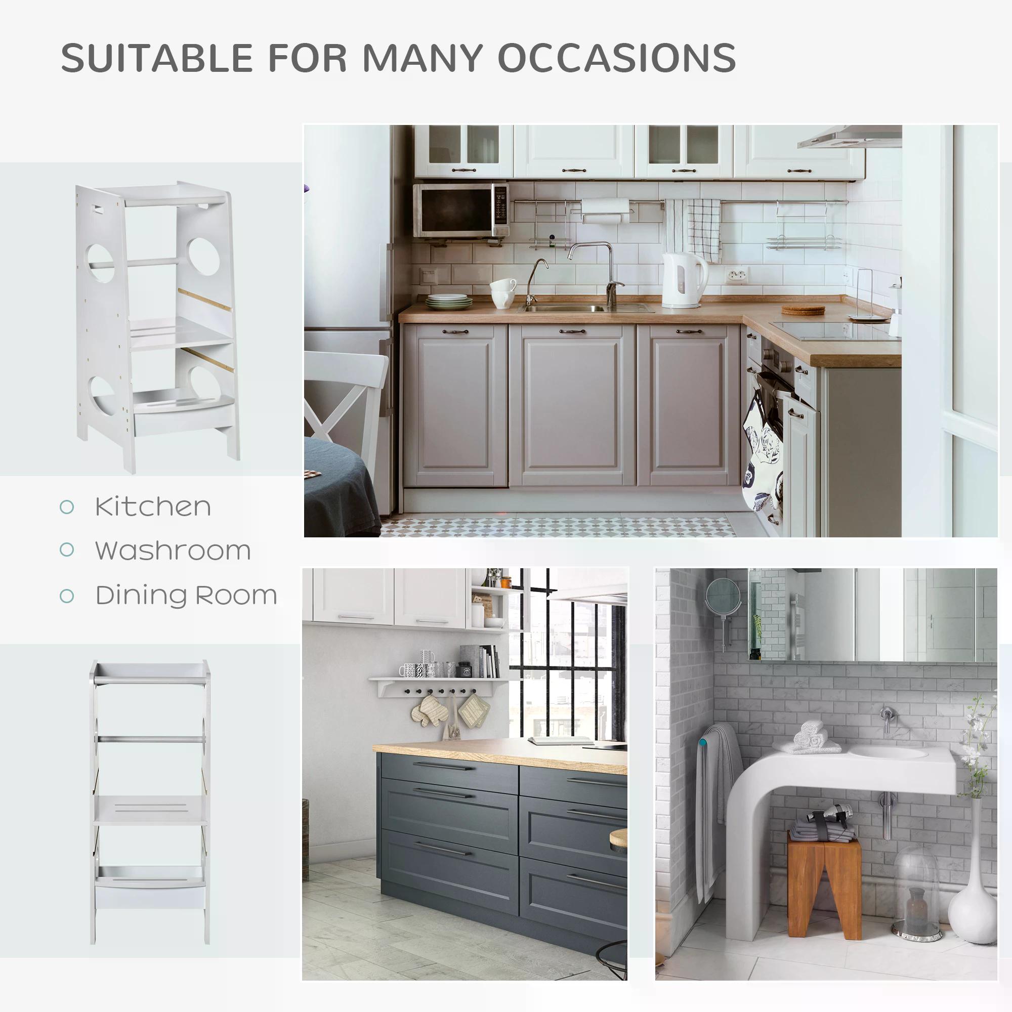 HOMCOM Toddler Step Stool Kids Adjustable Standing Tower with Safety Rail for Kitchen Counter Grey