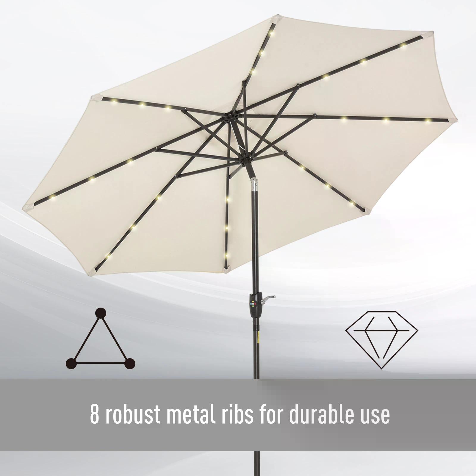 Outsunny Garden 24 LED Light Parasol Outdoor Tilt Sun Umbrella Patio Club Party Event Manual Sun Shade w/ Hand Crank Off-white