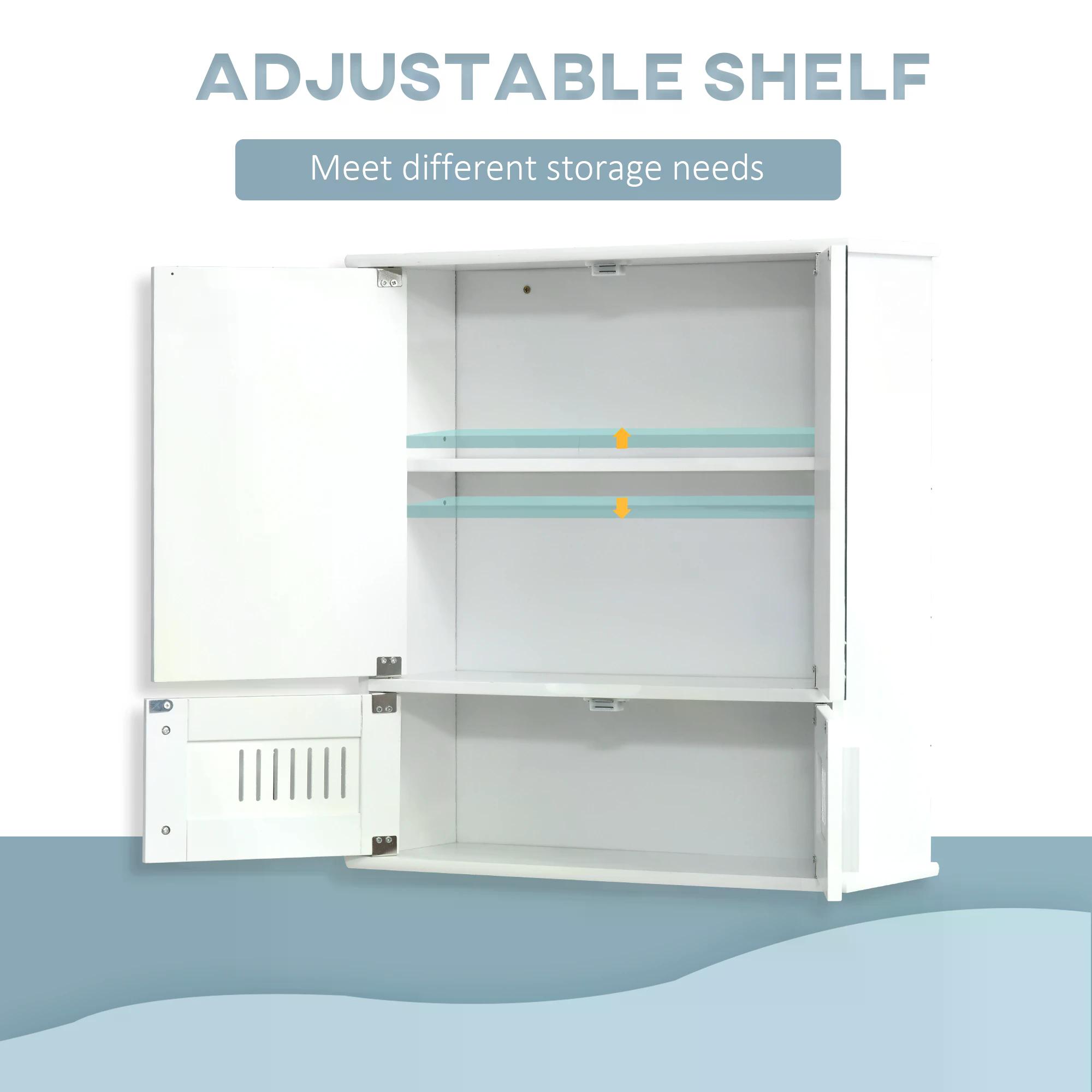 Kleankin Wall Mounted Bathroom Mirror Cabinet, Double Doors Storage Cupboard with Adjustable Shelf, Bathroom Organizer, White.