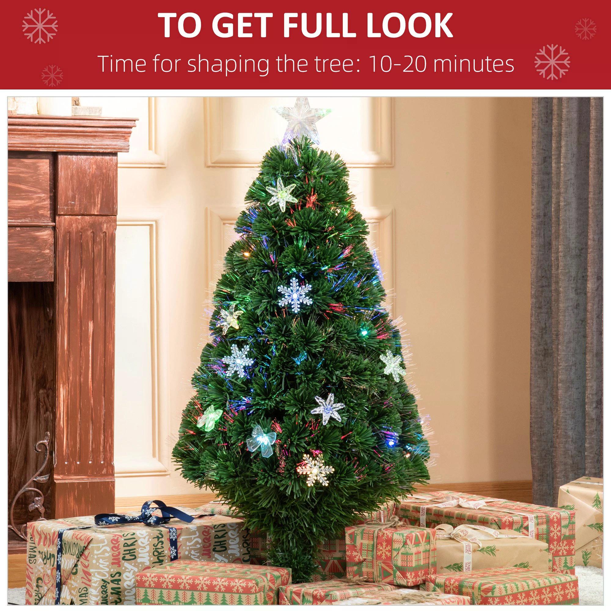 HOMCOM 4FT Pre Lit Christmas Tree Artificial Tree Fiber Optic LED Light Holiday Home Xmas Decoration Tree with Foldable Feet, Green