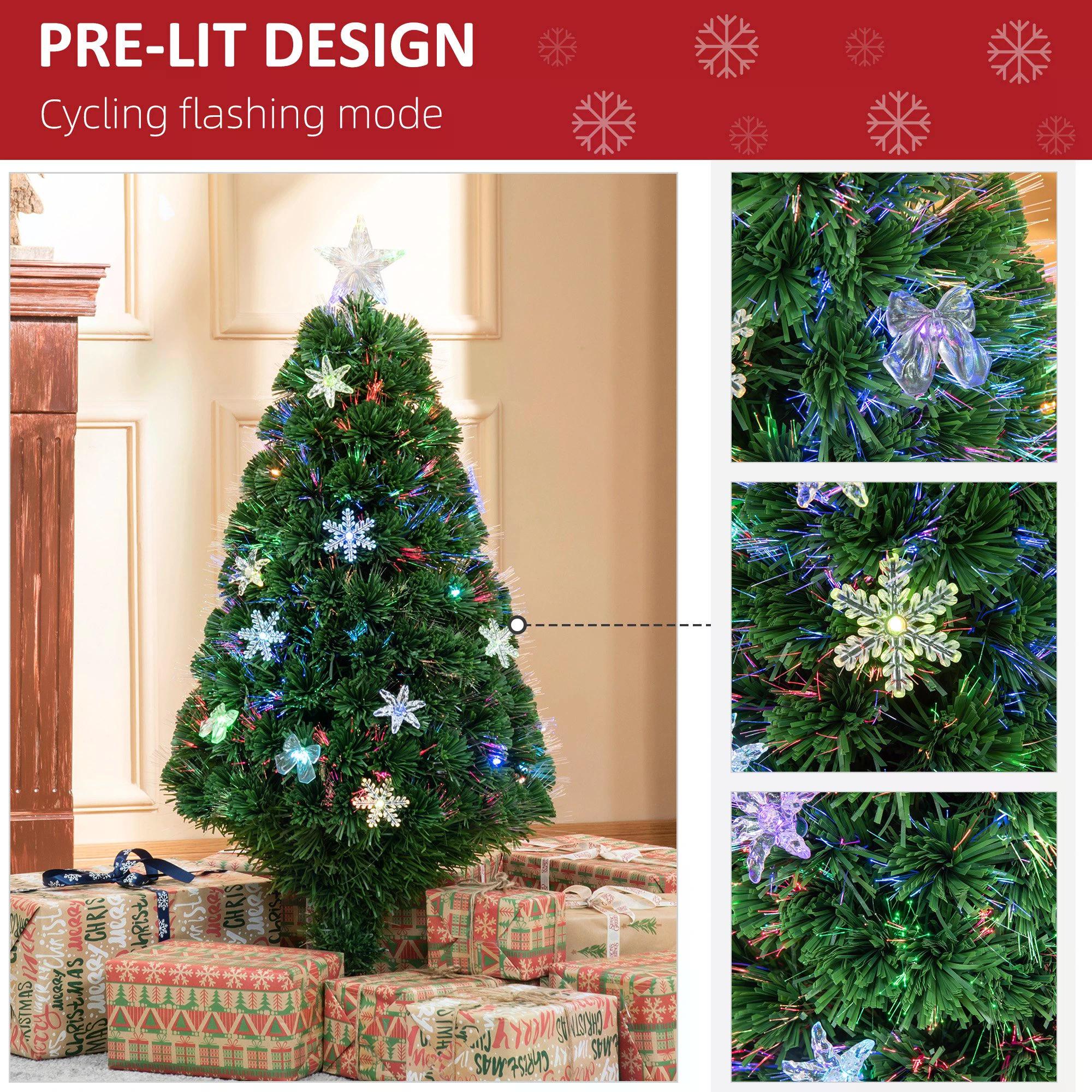 HOMCOM 4FT Pre Lit Christmas Tree Artificial Tree Fiber Optic LED Light Holiday Home Xmas Decoration Tree with Foldable Feet, Green