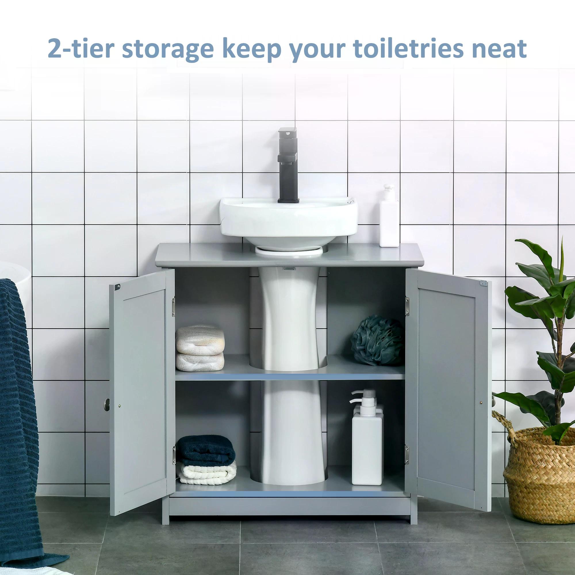 Kleankin Compact Under-Sink Cabinet, 60x60cm, with Adjustable Shelf, Handles, Drainage, Space-Saving Bathroom Organizer, Grey