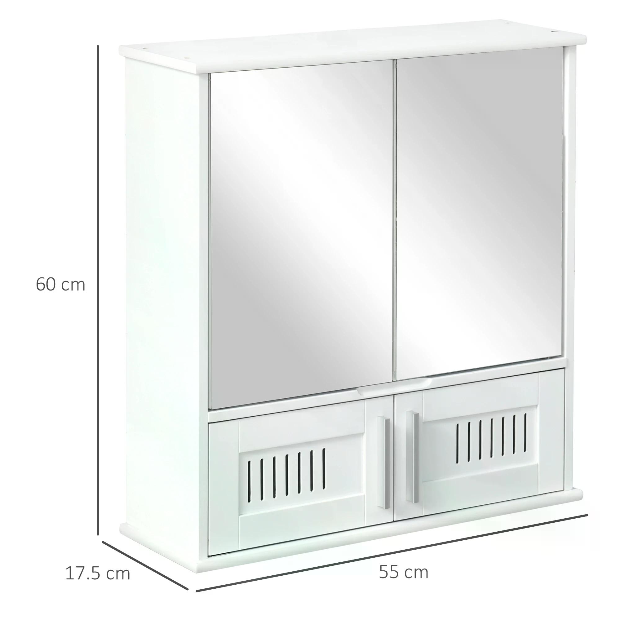 Kleankin Wall Mounted Bathroom Mirror Cabinet, Double Doors Storage Cupboard with Adjustable Shelf, Bathroom Organizer, White.