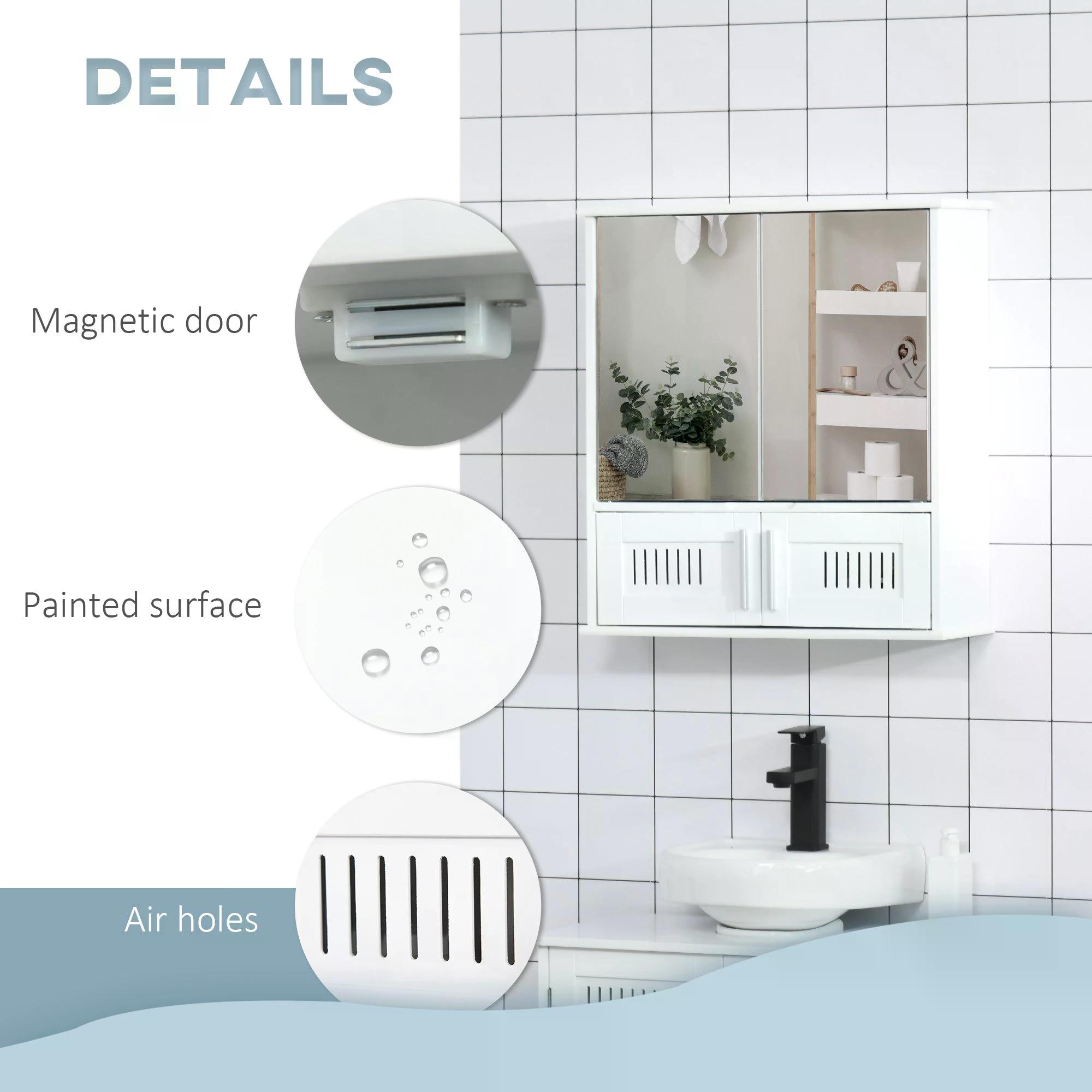 Kleankin Wall Mounted Bathroom Mirror Cabinet, Double Doors Storage Cupboard with Adjustable Shelf, Bathroom Organizer, White.