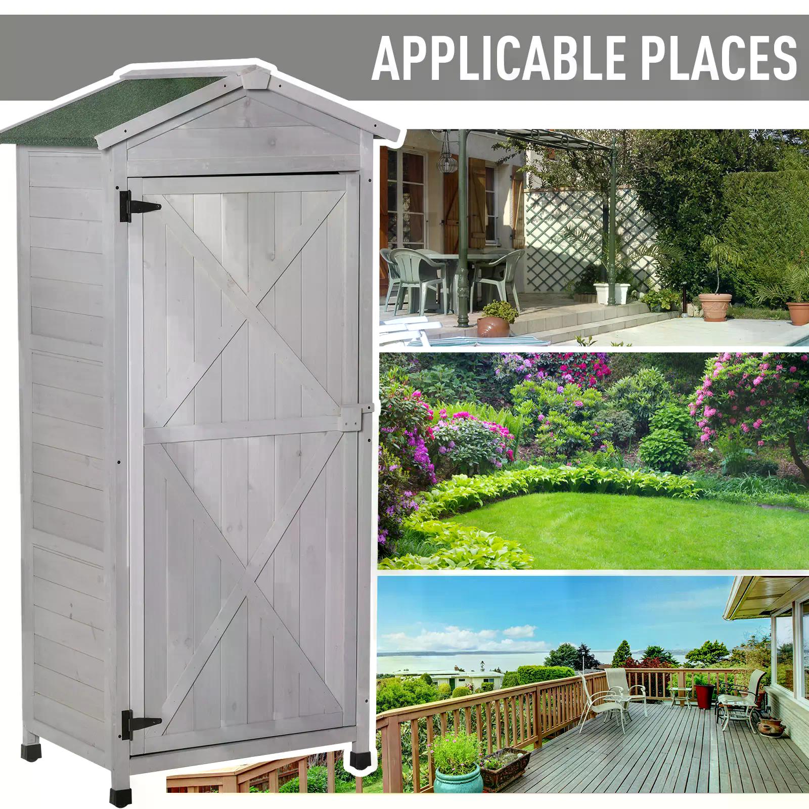 Outsunny Wooden Garden Cabinet 3-Tier Storage Shed 2 Shelves Lockable Organizer with Hooks Foot Pad 74 x 55 x 155cm Light Grey