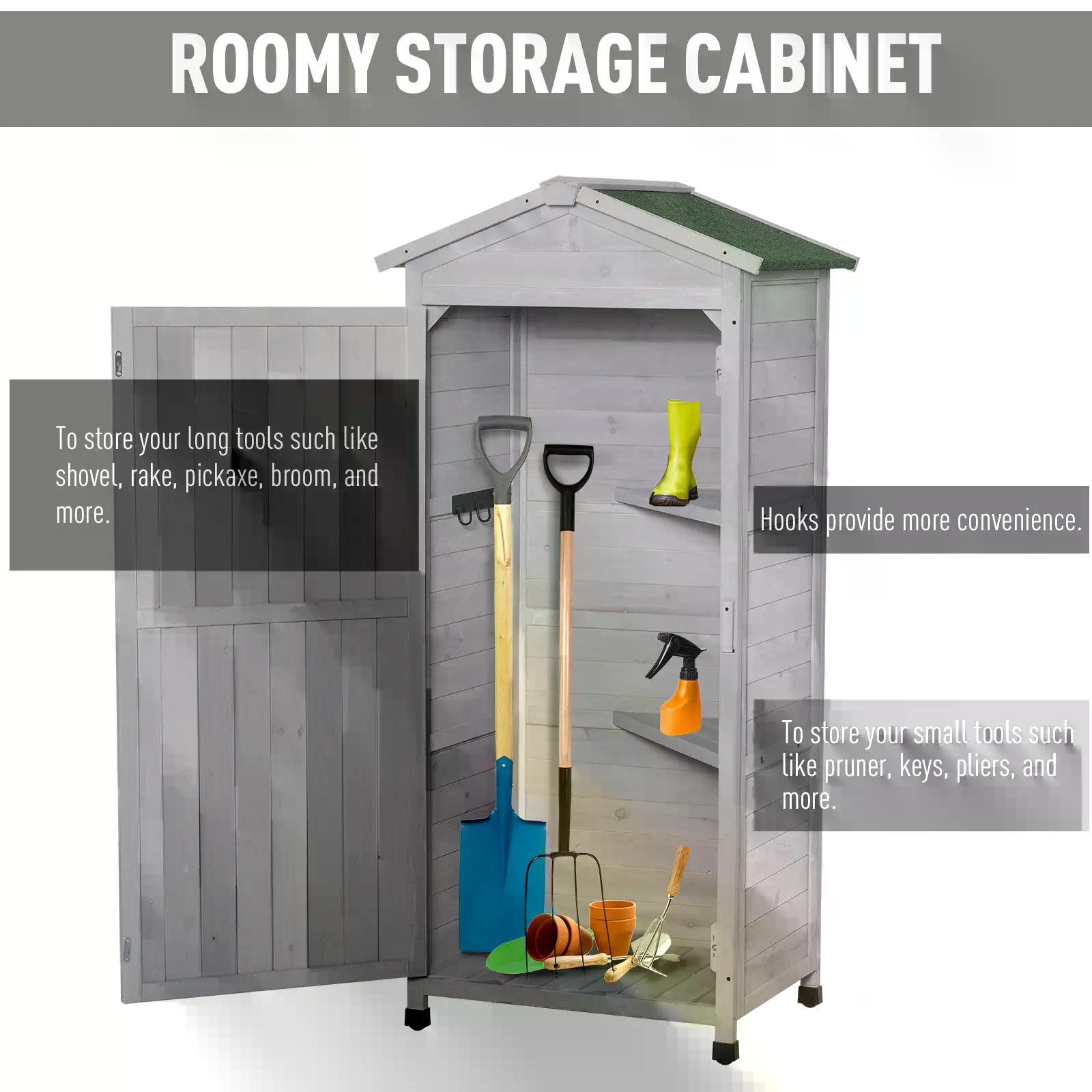 Outsunny Wooden Garden Cabinet 3-Tier Storage Shed 2 Shelves Lockable Organizer with Hooks Foot Pad 74 x 55 x 155cm Light Grey
