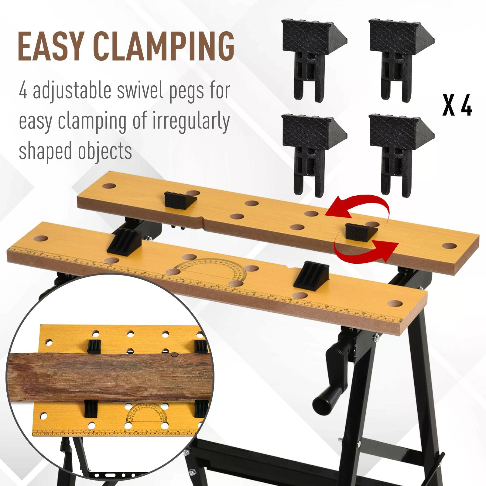 DURHAND Workbench 4-in-1, Sawhorse Folding Clamp Table with 4 Adjustable Clamping Pegs for DIY Projects, Home Garage, Black
