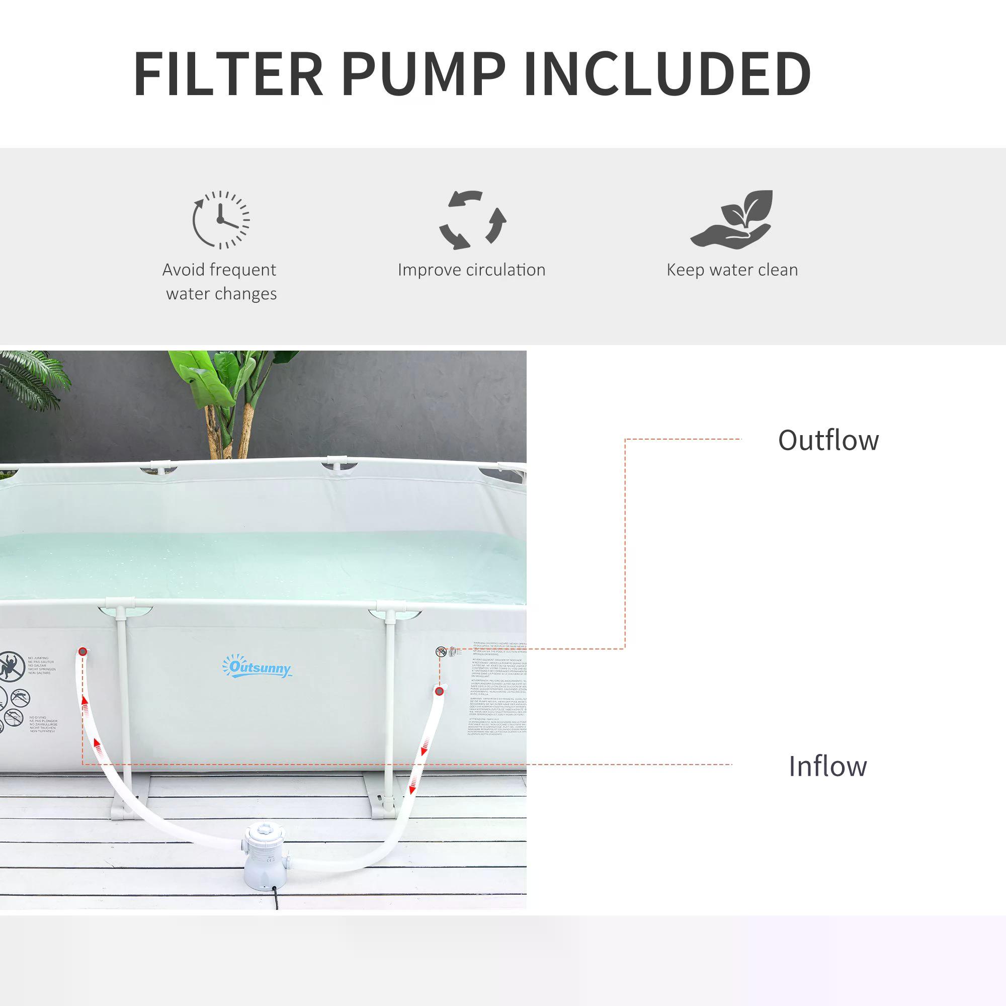 Outsunny Steel Frame Pool with Filter Pump and Filter Cartridge Rust Resistant Above Ground Pool with Reinforced Sidewalls, 292 x 190 x 75cm, Grey