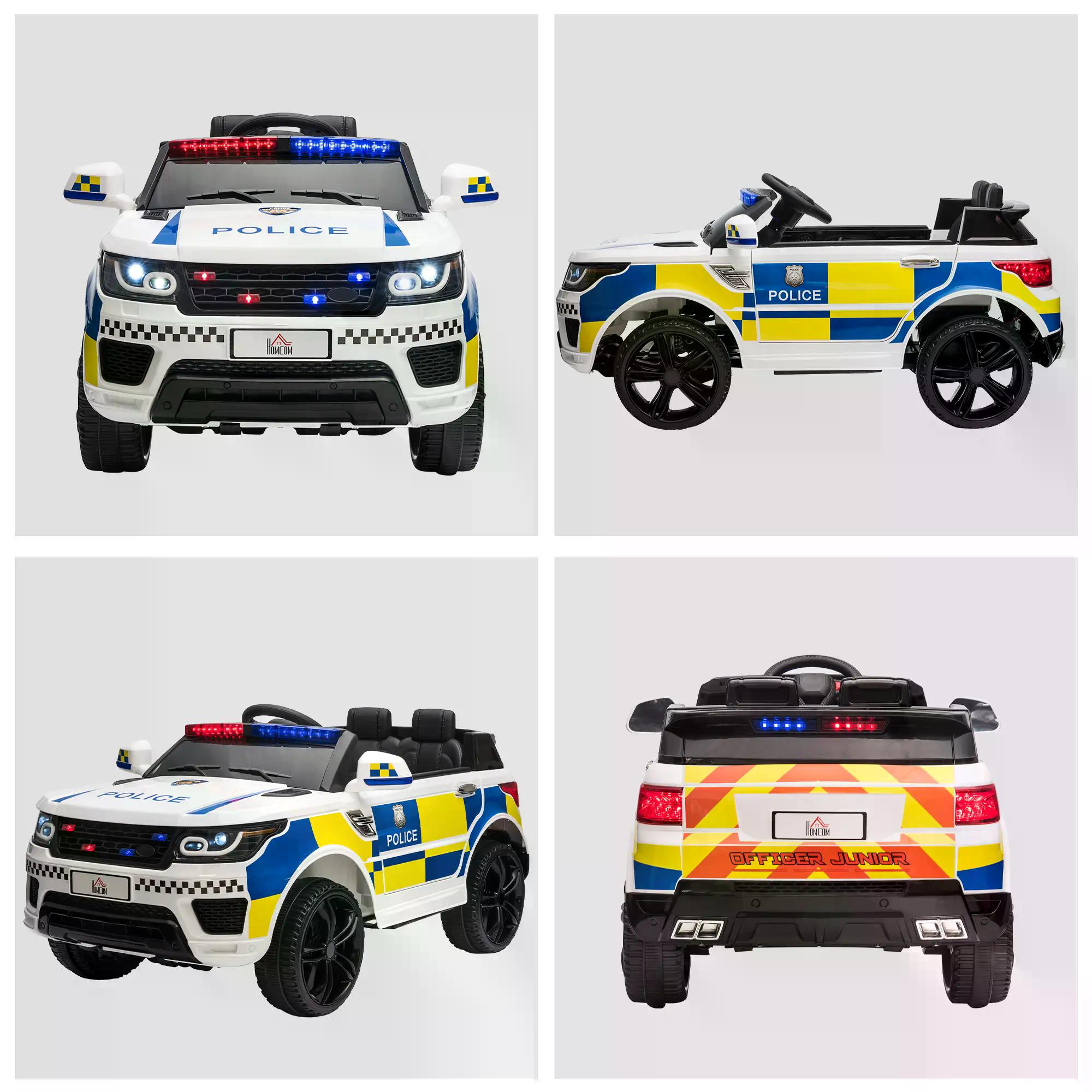 HOMCOM 12V Kids Portable Electric Ride On Police Car with Parental Remote Control Siren Flashing Lights USB Bluetooth for 3-6 Years White
