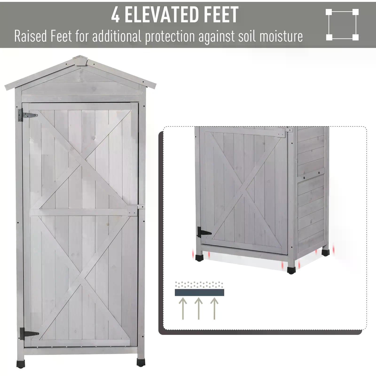Outsunny Wooden Garden Cabinet 3-Tier Storage Shed 2 Shelves Lockable Organizer with Hooks Foot Pad 74 x 55 x 155cm Light Grey