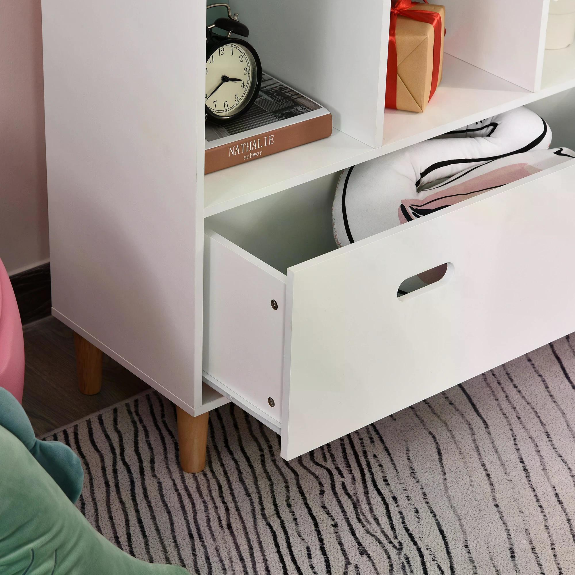 HOMCOM Kids Bookshelf Chest w/ Drawer Cubes Baby Toy Wood Organizer Display Stand Storage Cabinet 82x30x126cm White