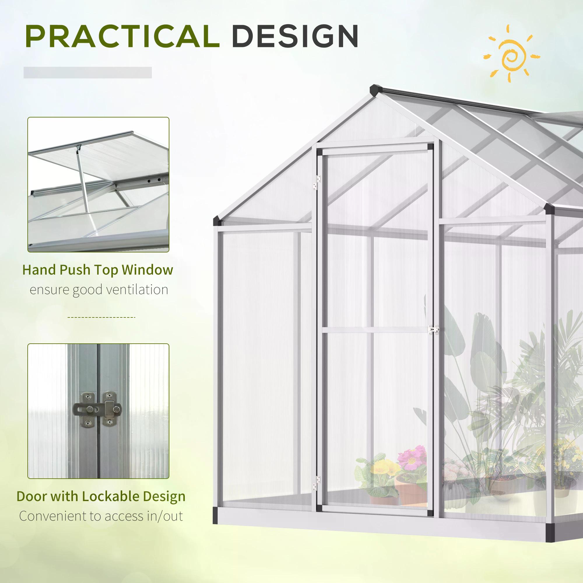 Outsunny 6x10ft Clear Polycarbonate Greenhouse Aluminium Frame Large Walk-In Garden Plants Grow