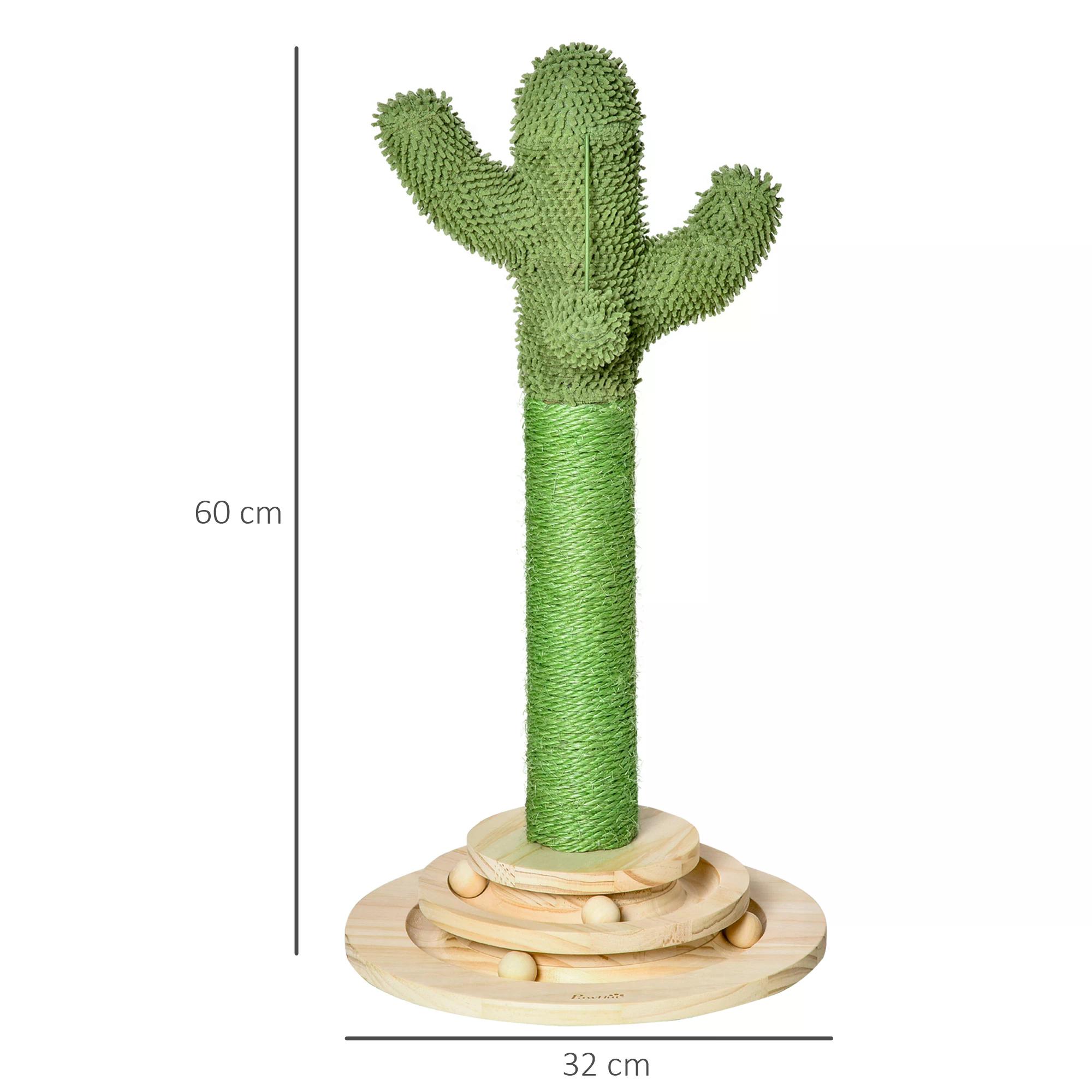 PawHut Cactus-Shaped Cat Tree Tower, Green, with Sisal Scratching Post, Hanging Ball, Funny Cat Ball Platform, 32 x 32 x 60cm