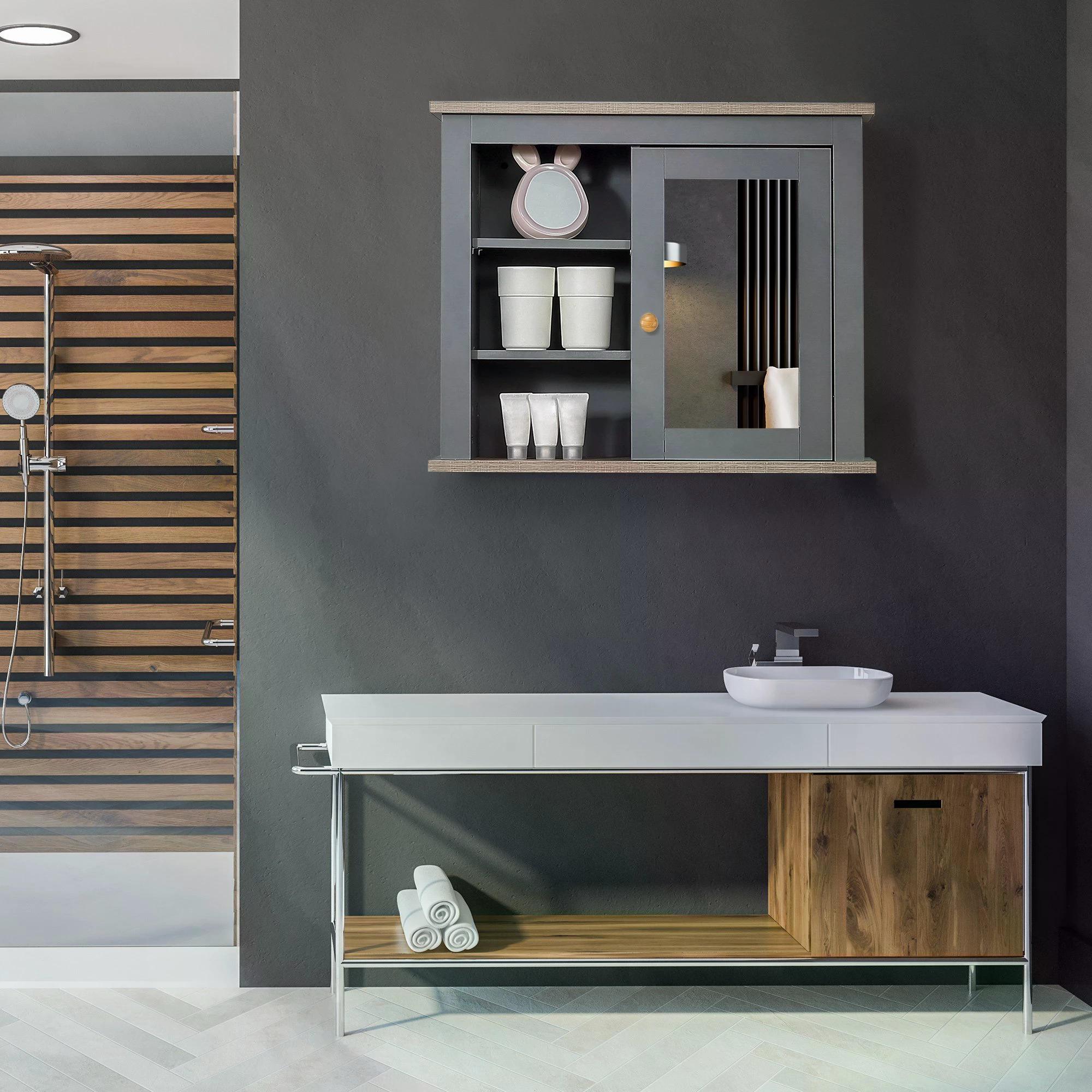 Kleankin Wall Mounted Mirror Cabinet, Bathroom Storage with Door, Adjustable Shelf, for Hallways, Living Areas, Grey
