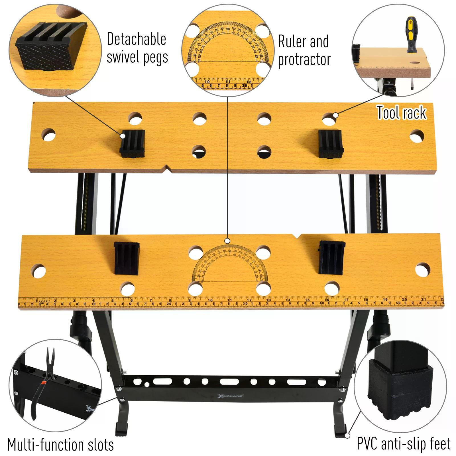 DURHAND Workbench 4-in-1, Sawhorse Folding Clamp Table with 4 Adjustable Clamping Pegs for DIY Projects, Home Garage, Black