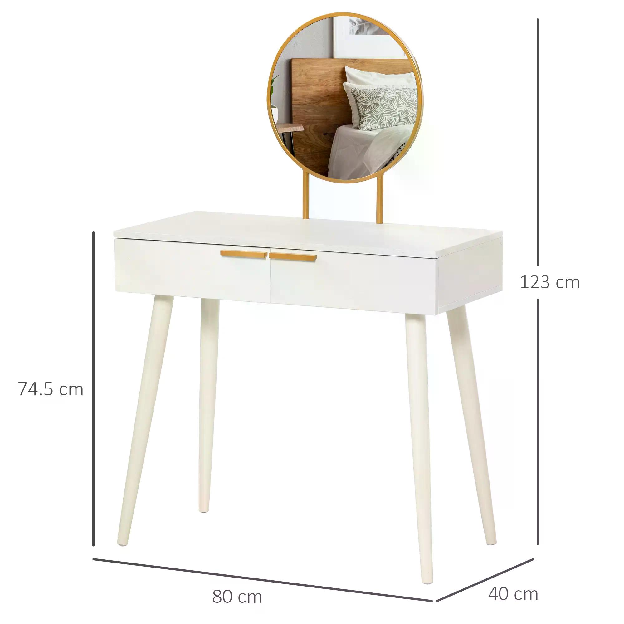 HOMCOM Modern Dressing Table with Round Mirror, Makeup Vanity Table with 2 Drawers for Bedroom, Living Room, White
