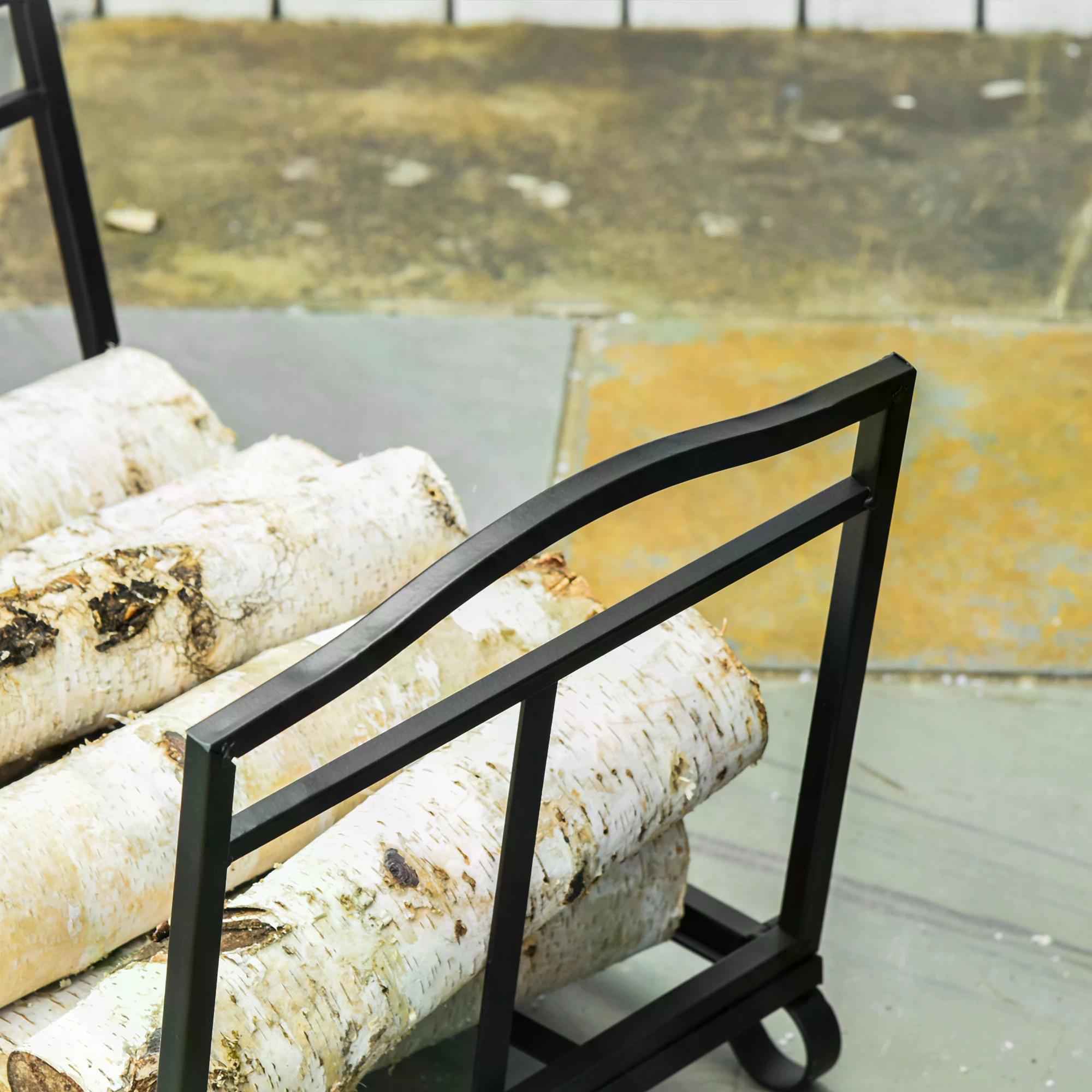 Outsunny Firewood Log Rack Fireplace Log Holder Wood Storage Rack with Scrolls, Foldable Design, for Outdoor and Indoor Use, 48 x 34 x 37cm, Black