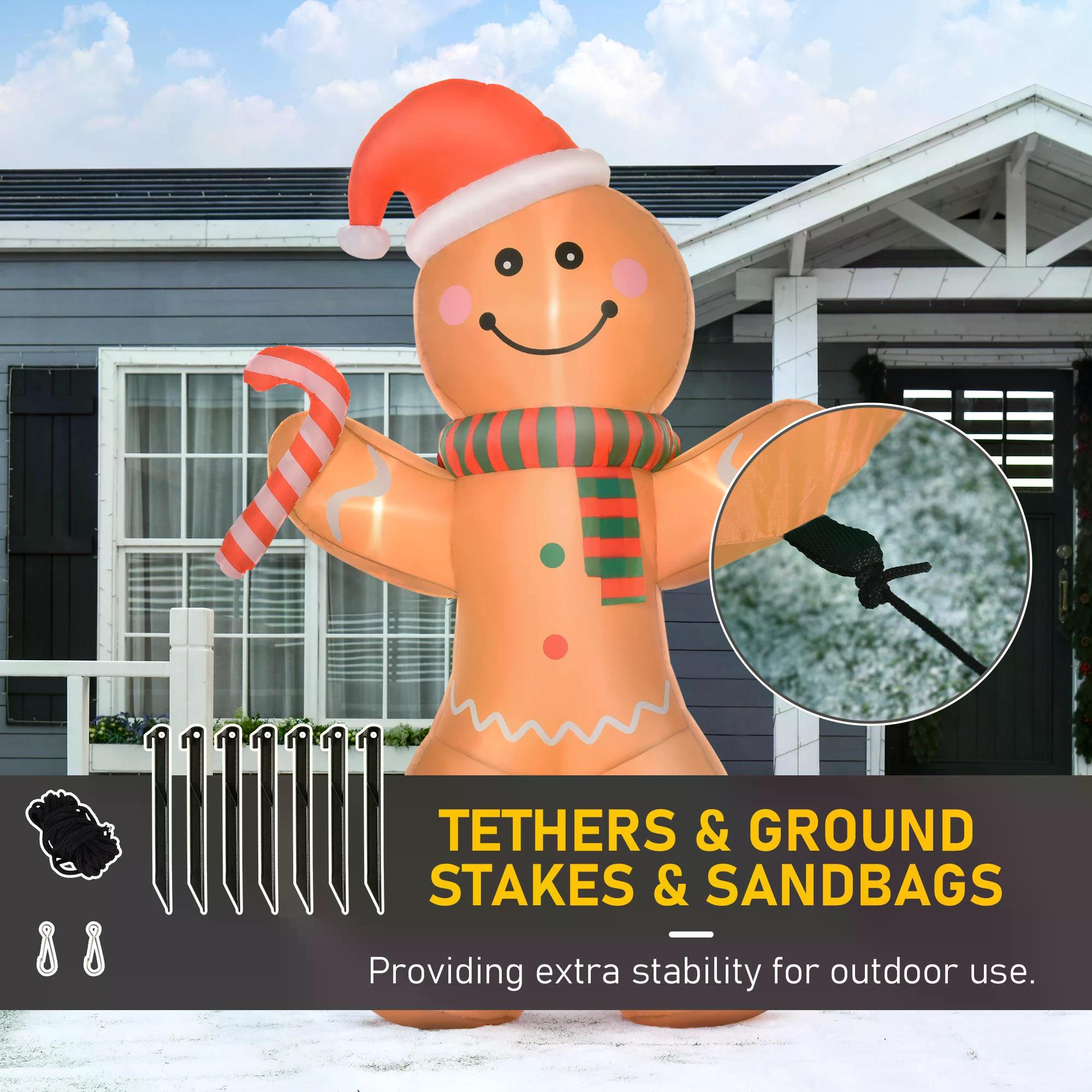 HOMCOM 2.4m Christmas Inflatable Gingerbread Man, Lighted for Home Indoor Outdoor Garden Lawn Decoration Party Prop