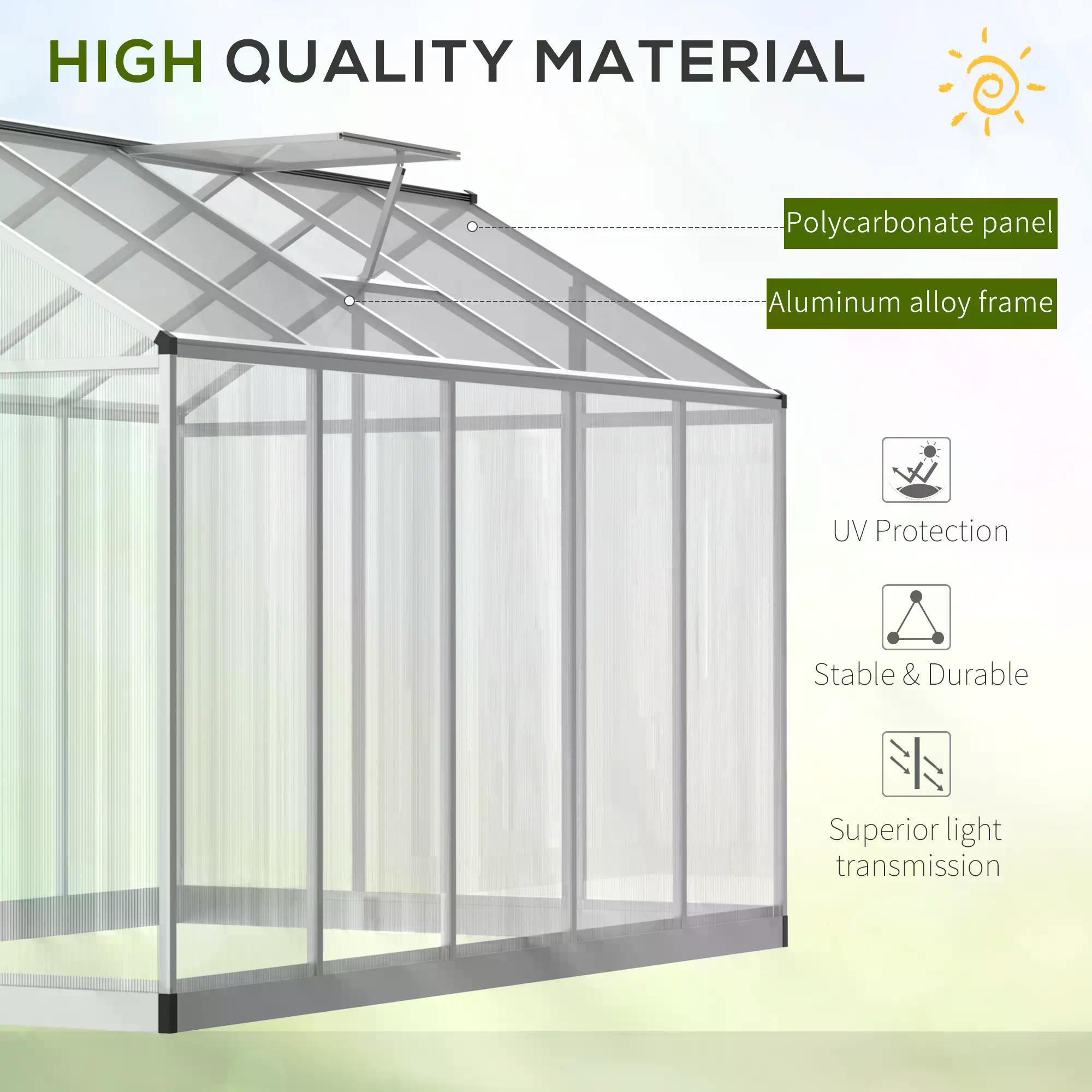 Outsunny 6x10ft Clear Polycarbonate Greenhouse Aluminium Frame Large Walk-In Garden Plants Grow