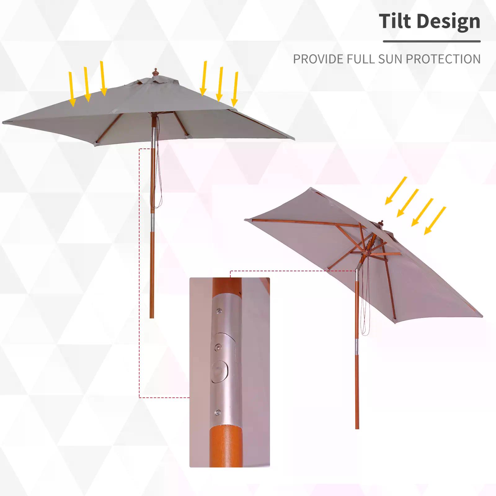 Outsunny 2m x 1.5m Patio Garden Parasol Sun Umbrella Sunshade Canopy Outdoor Backyard Furniture Fir Wooden Pole 6 Ribs Tilt Mechanism - Grey