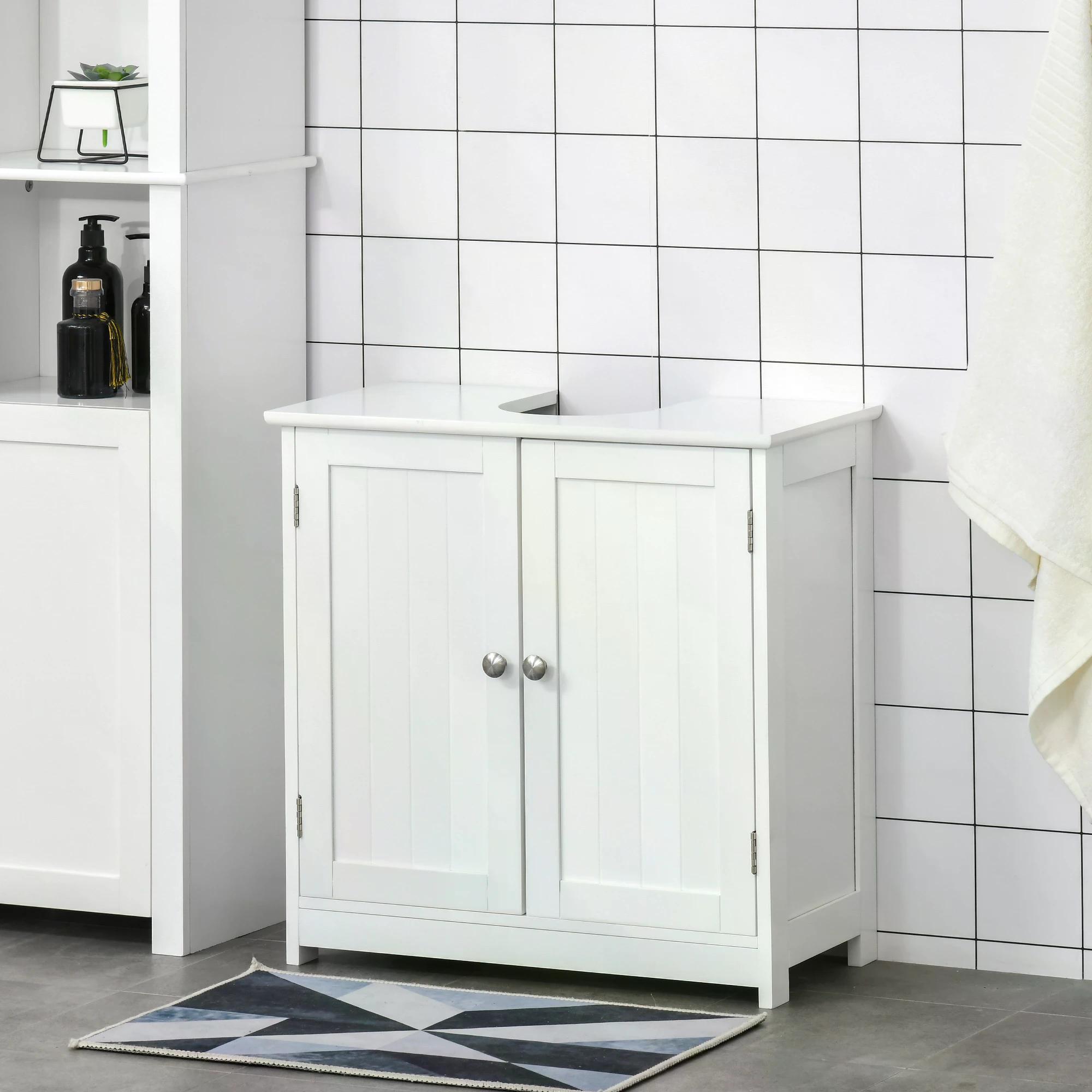 Kleankin Space-Efficient Under-Sink Storage, 60x60cm, Adjustable Shelf, Handles, Drain Hole, Bathroom Cabinet, White