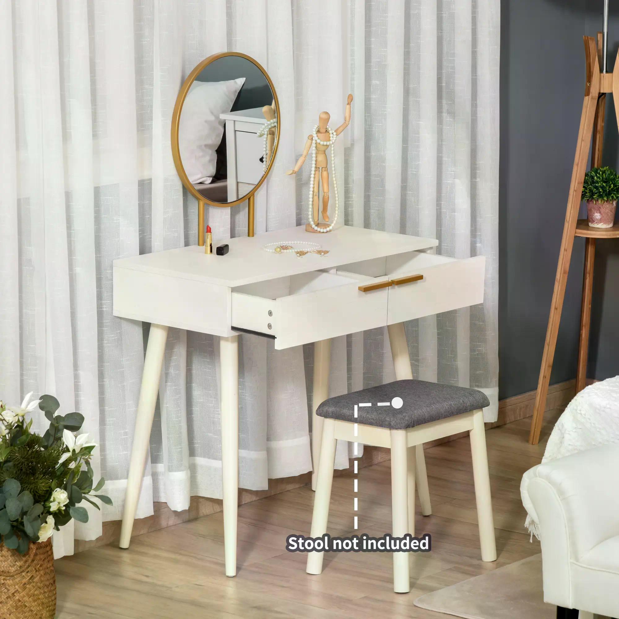 HOMCOM Modern Dressing Table with Round Mirror, Makeup Vanity Table with 2 Drawers for Bedroom, Living Room, White