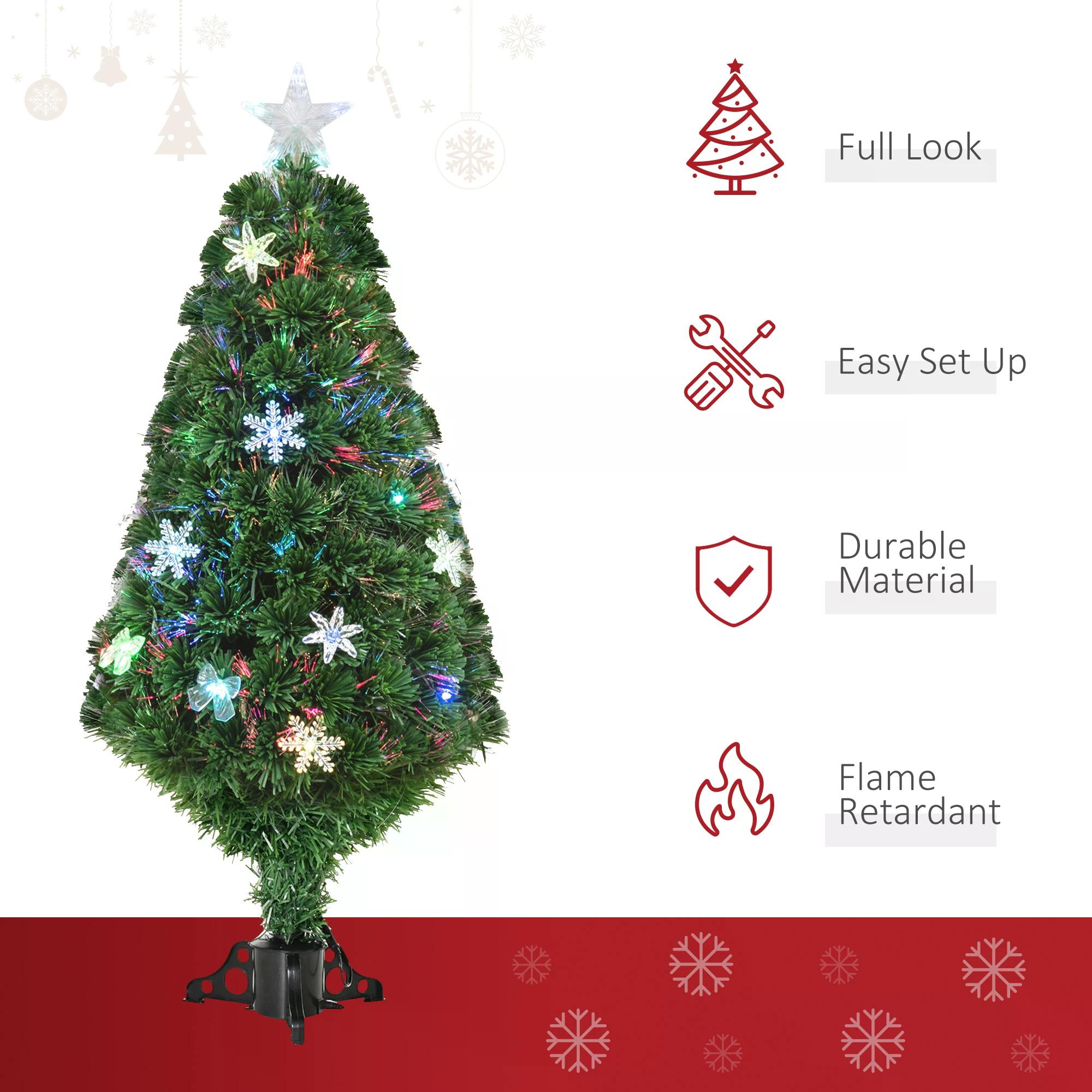 HOMCOM 4FT Pre Lit Christmas Tree Artificial Tree Fiber Optic LED Light Holiday Home Xmas Decoration Tree with Foldable Feet, Green