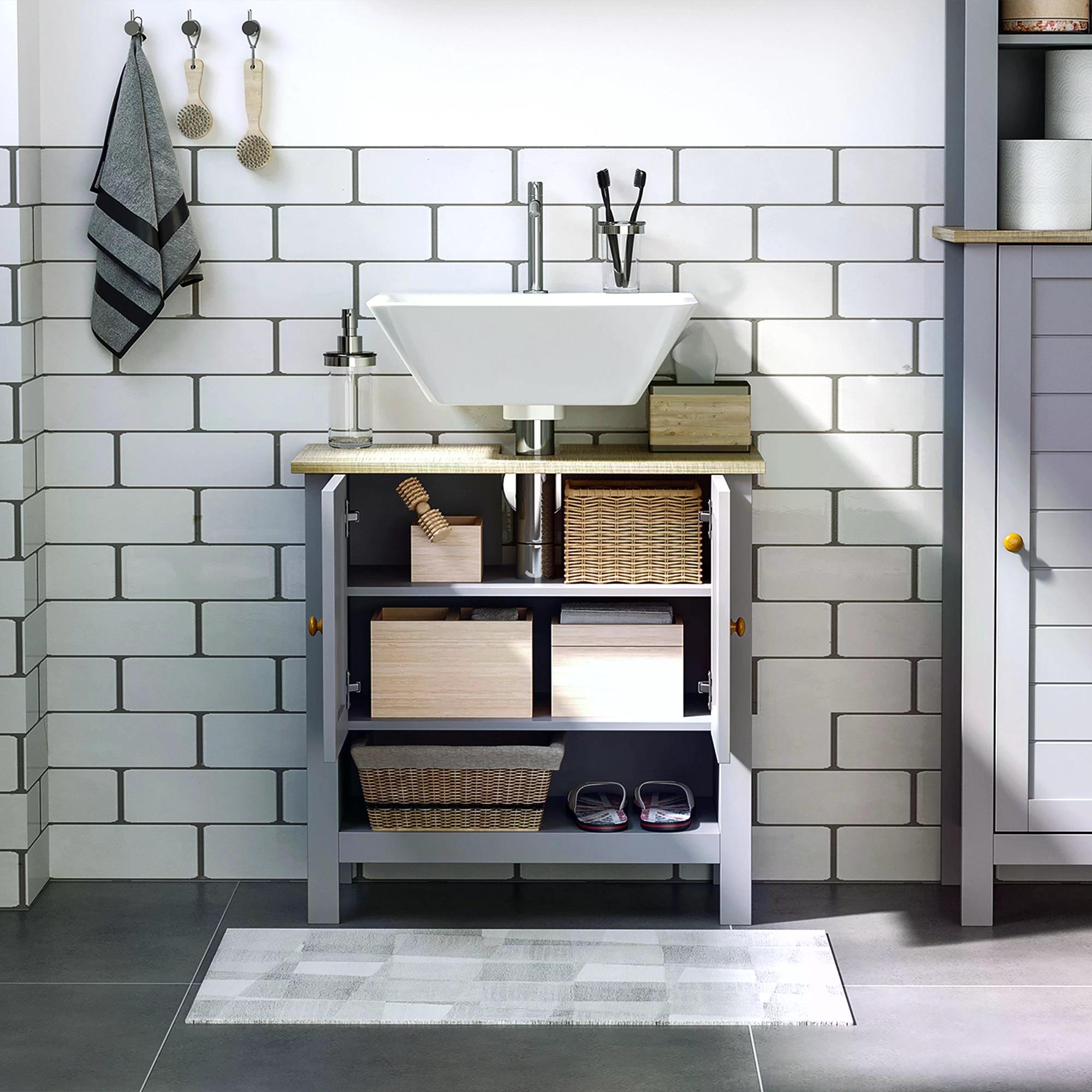 Kleankin Bathroom Vanity Unit Under Sink Cabinet, Pedestal Design, Storage Cupboard with Adjustable Shelf, Grey.