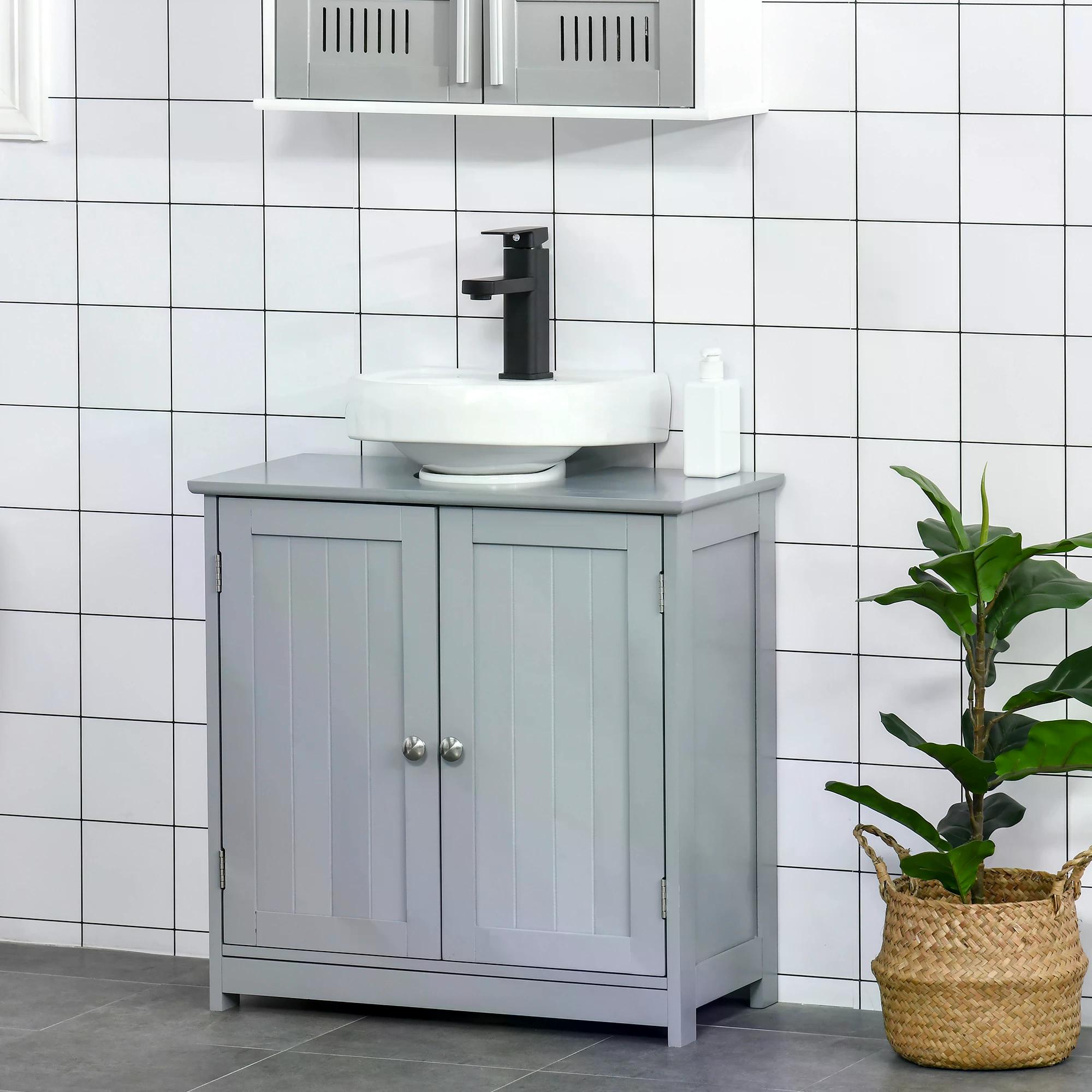 Kleankin Compact Under-Sink Cabinet, 60x60cm, with Adjustable Shelf, Handles, Drainage, Space-Saving Bathroom Organizer, Grey