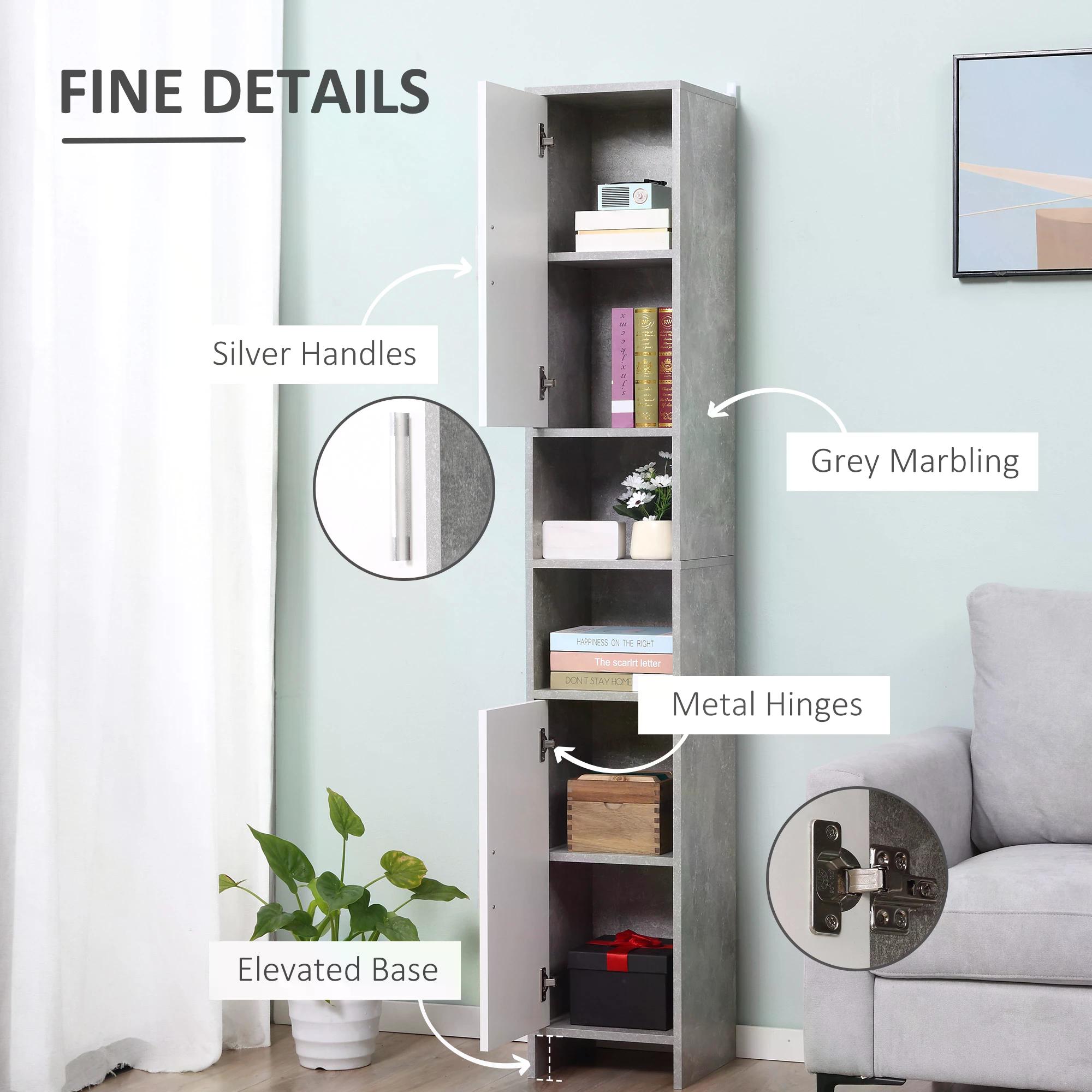 Kleankin Tall Free-Standing Bathroom Storage Cabinet, Slim Organizer with 2 Cupboards, 2 Open Compartments, Adjustable Shelves, Grey.
