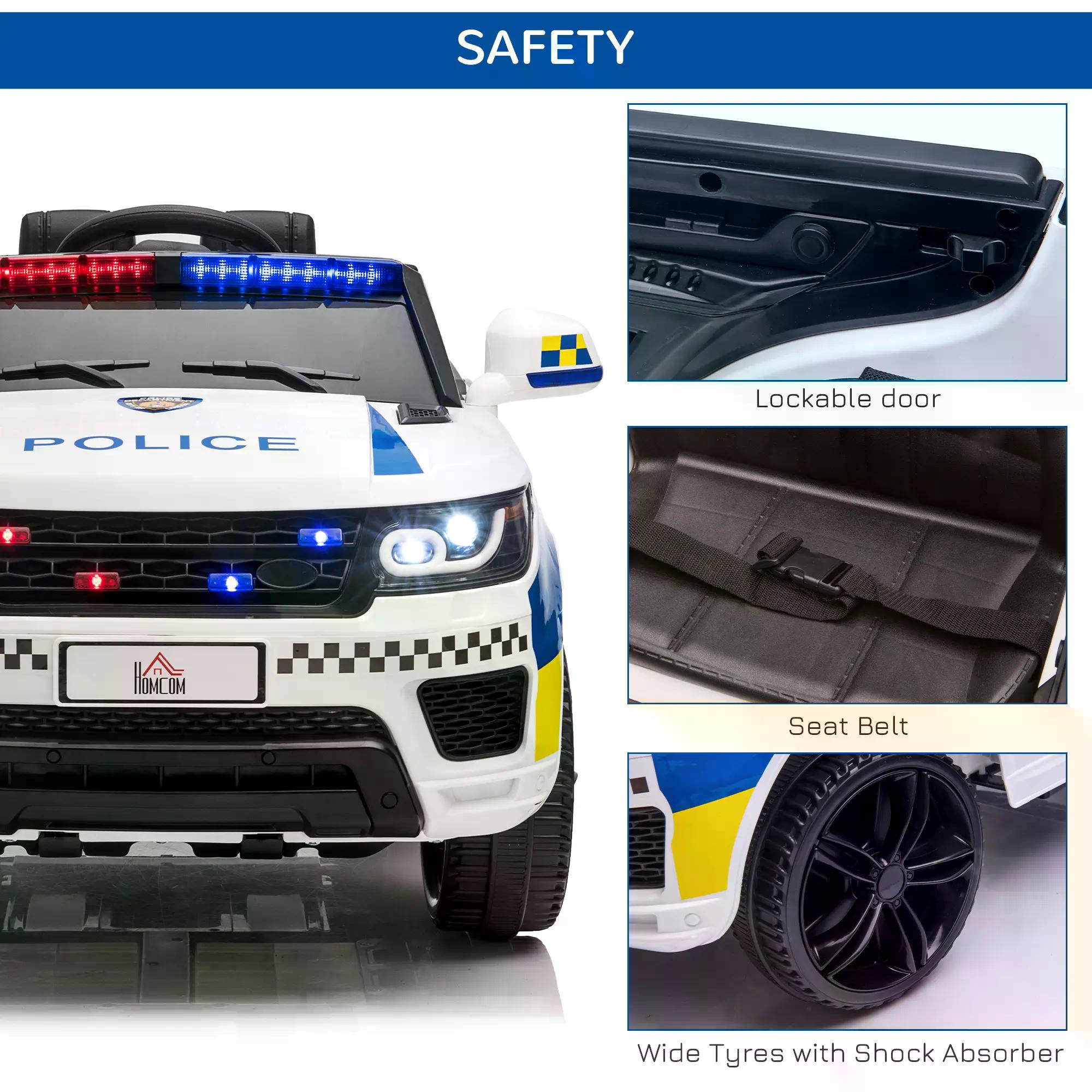 HOMCOM 12V Kids Portable Electric Ride On Police Car with Parental Remote Control Siren Flashing Lights USB Bluetooth for 3-6 Years White