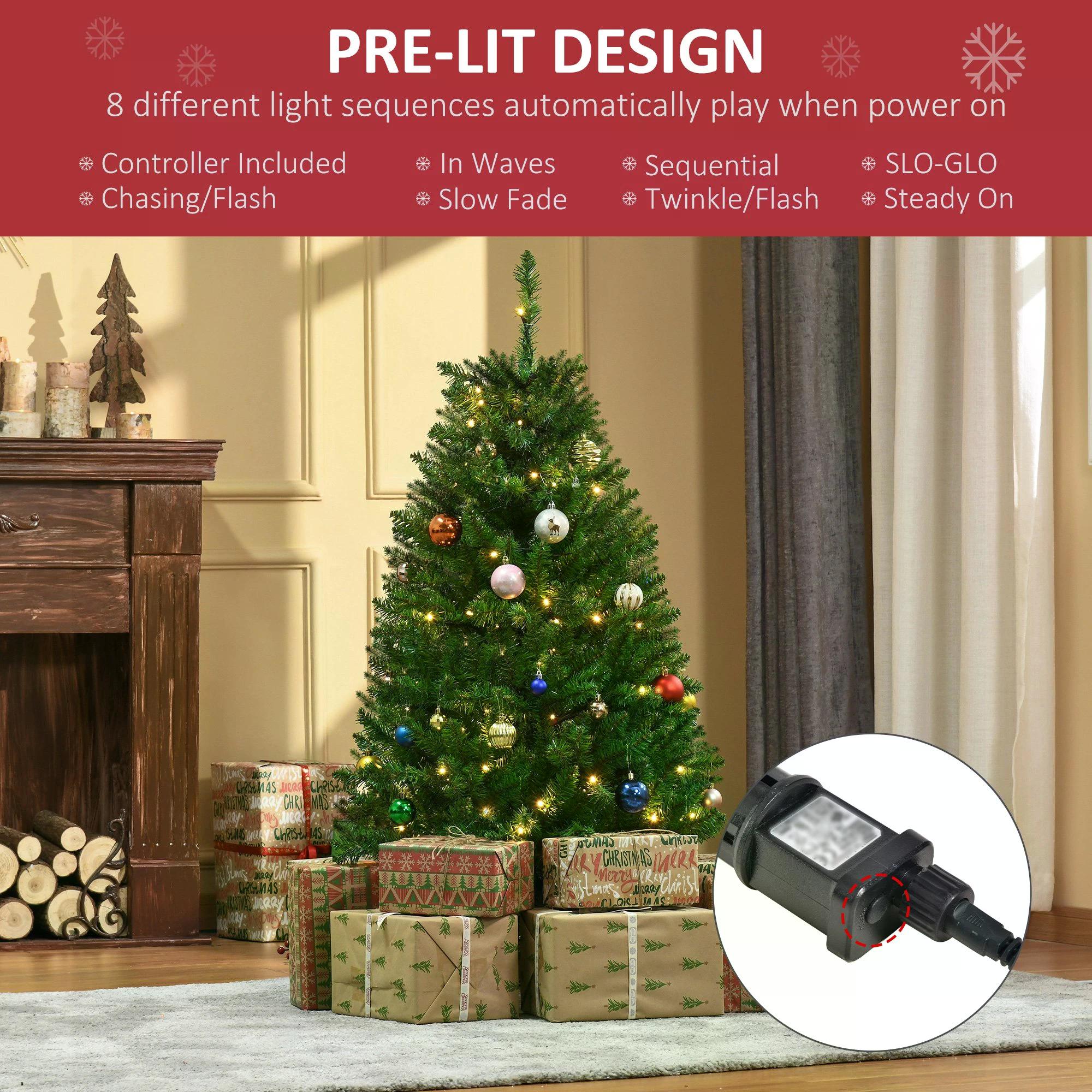 HOMCOM 4 Feet Prelit Artificial Christmas Tree Warm White LED Light Holiday Home Xmas Decoration, Green