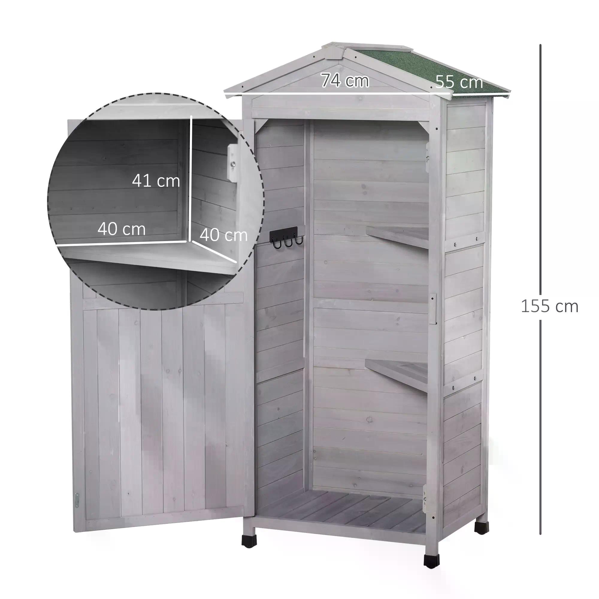 Outsunny Wooden Garden Cabinet 3-Tier Storage Shed 2 Shelves Lockable Organizer with Hooks Foot Pad 74 x 55 x 155cm Light Grey