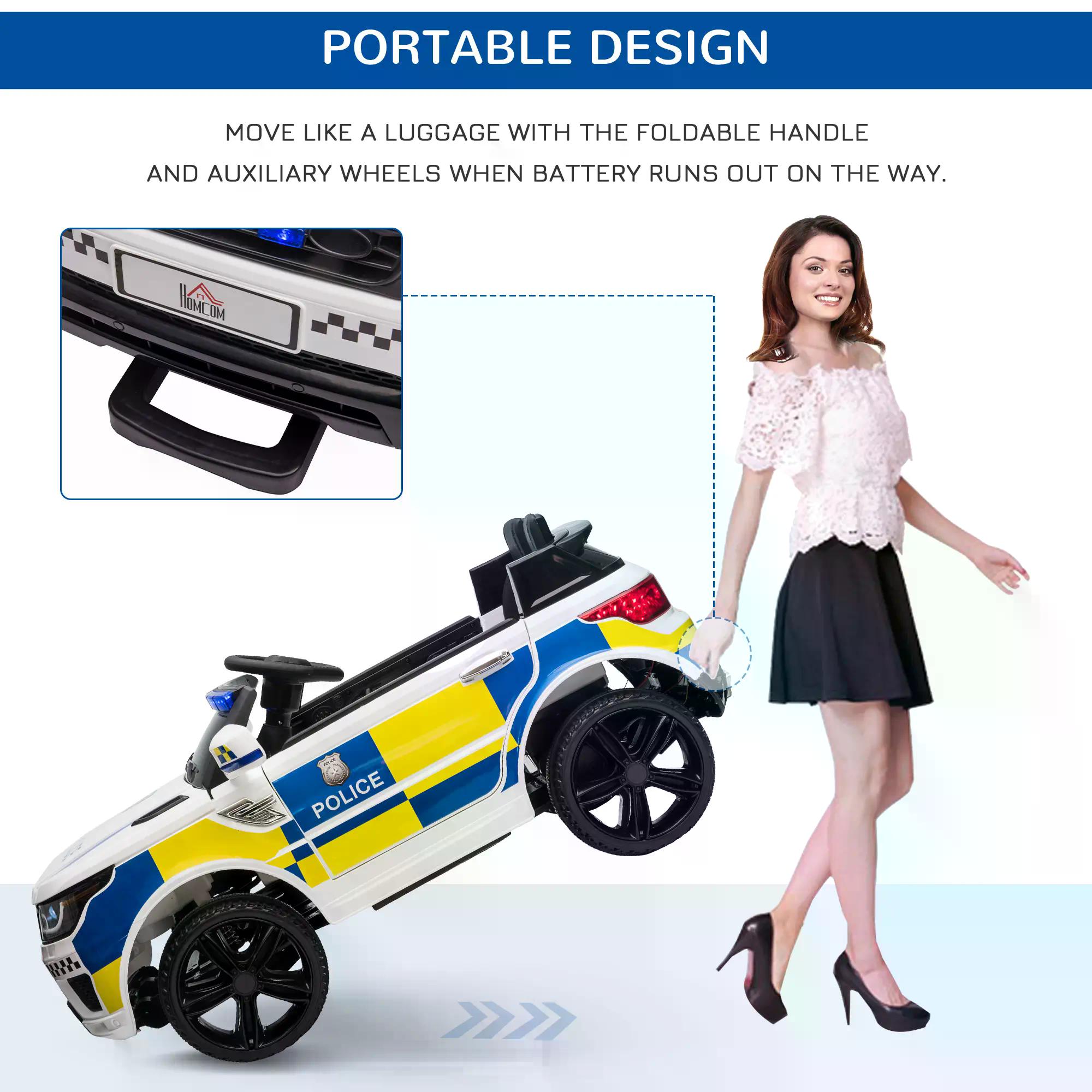 HOMCOM 12V Kids Portable Electric Ride On Police Car with Parental Remote Control Siren Flashing Lights USB Bluetooth for 3-6 Years White