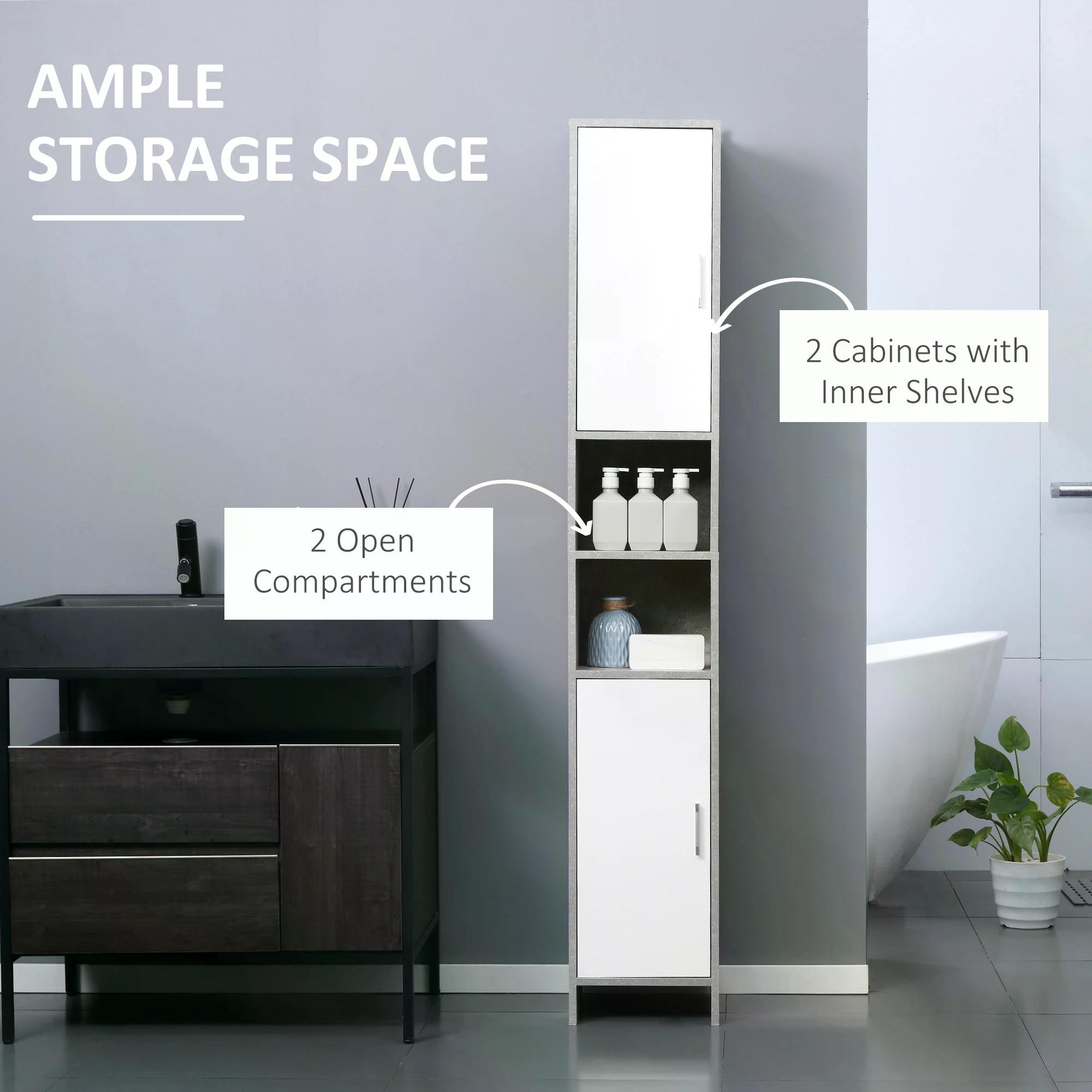 Kleankin Tall Free-Standing Bathroom Storage Cabinet, Slim Organizer with 2 Cupboards, 2 Open Compartments, Adjustable Shelves, Grey.