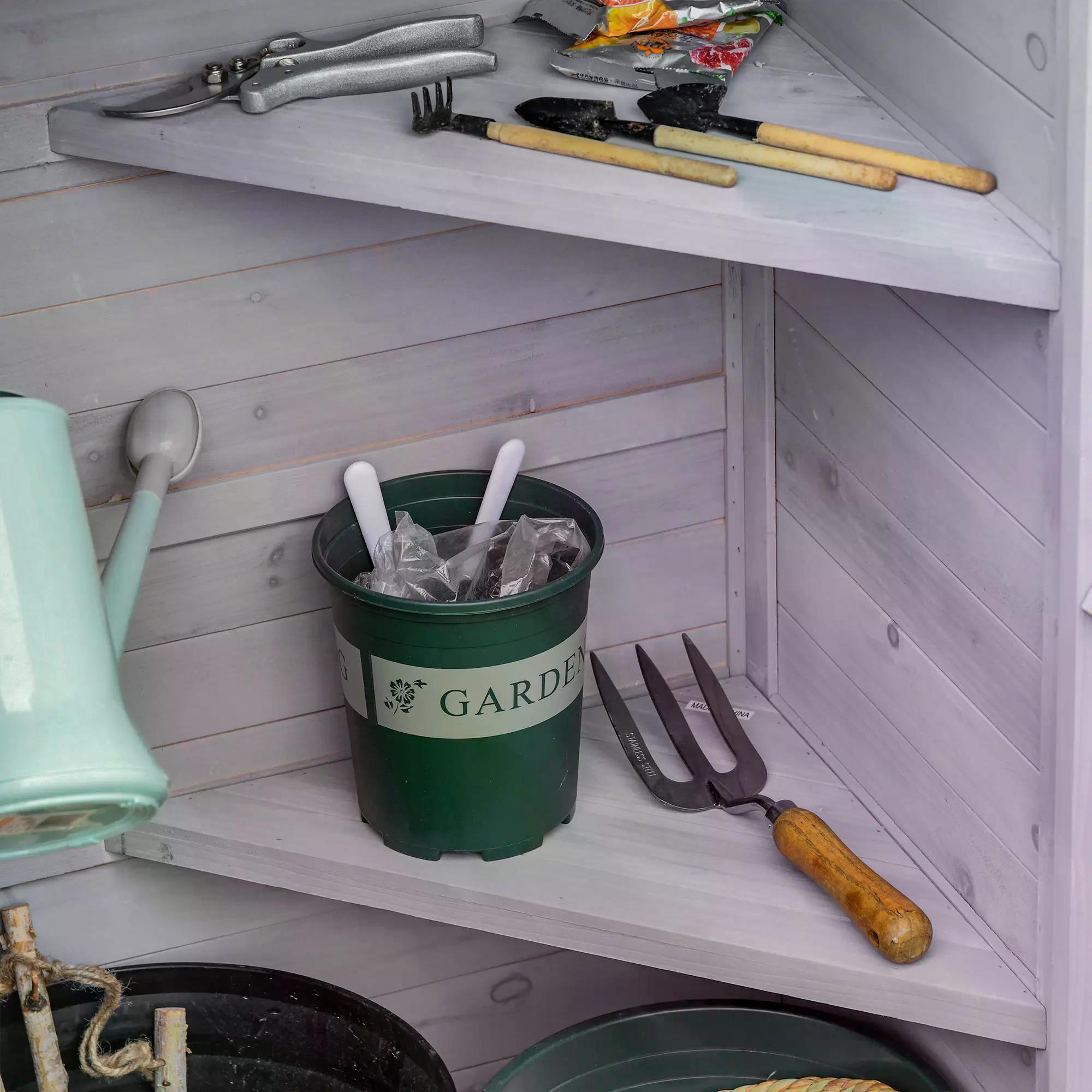 Outsunny Wooden Garden Cabinet 3-Tier Storage Shed 2 Shelves Lockable Organizer with Hooks Foot Pad 74 x 55 x 155cm Light Grey