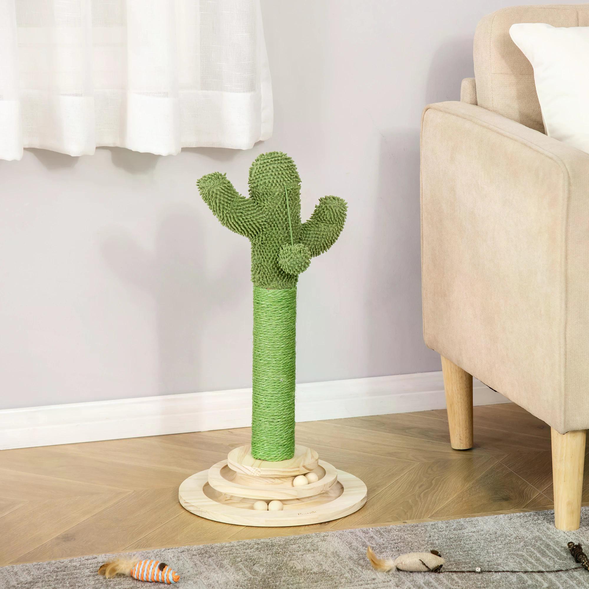 PawHut Cactus-Shaped Cat Tree Tower, Green, with Sisal Scratching Post, Hanging Ball, Funny Cat Ball Platform, 32 x 32 x 60cm